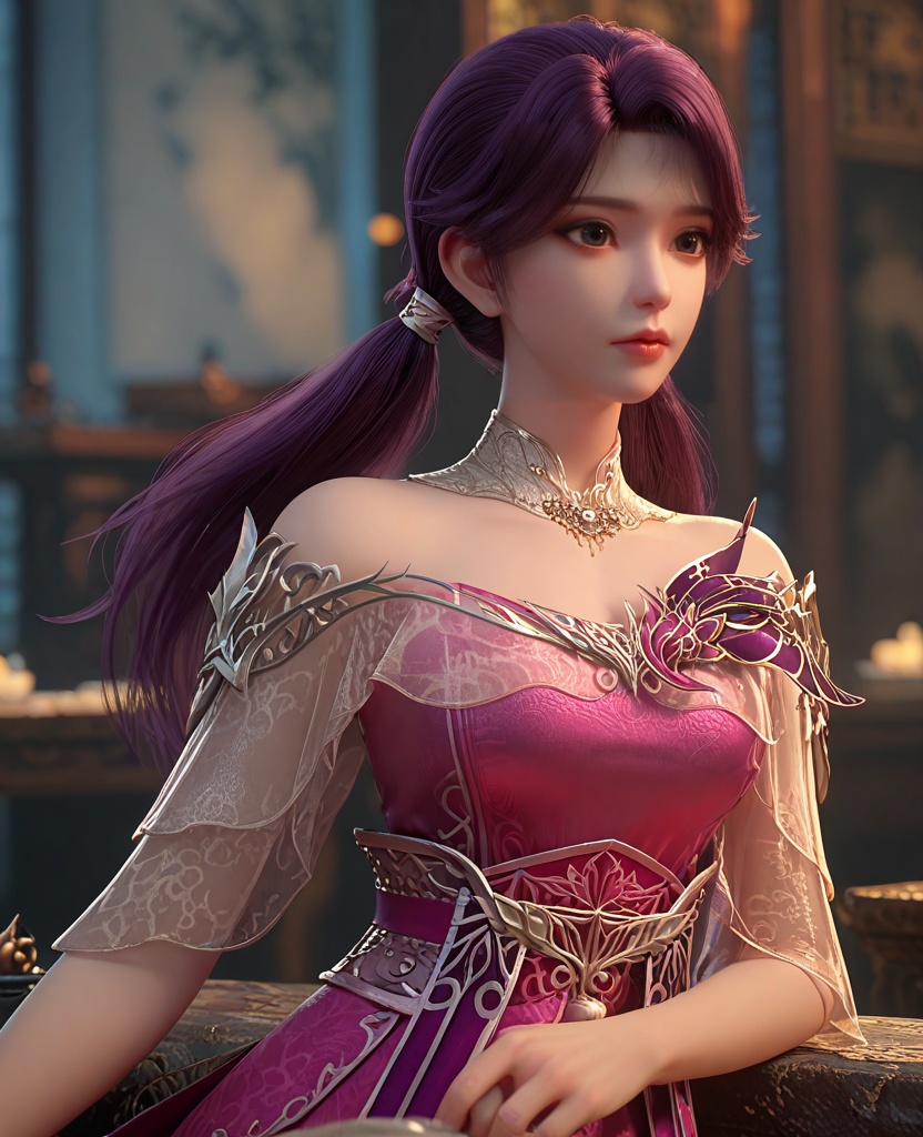 (oriental architecture, elegant decor, sophisticated style:1.1),(Resting on a boulder, looking out into the distance with a sense of wonder,:1.1),(breasts:1.2),<lora:XL百炼成神罗嫣:0.95>,miss luoyan,long hair,purple hair,dress,low twintails,twintails,detached collar,bare shoulders,lips,jewelry,pink dress,eyelashes,teeth,, zPDXL2, score_9, score_8_up, score_7_up BREAK realistic, masterpiece,best quality, highly detailed,, zPDXL3, zPDXL2,zPDXL, zPDXLxxx, zPDXLrl,