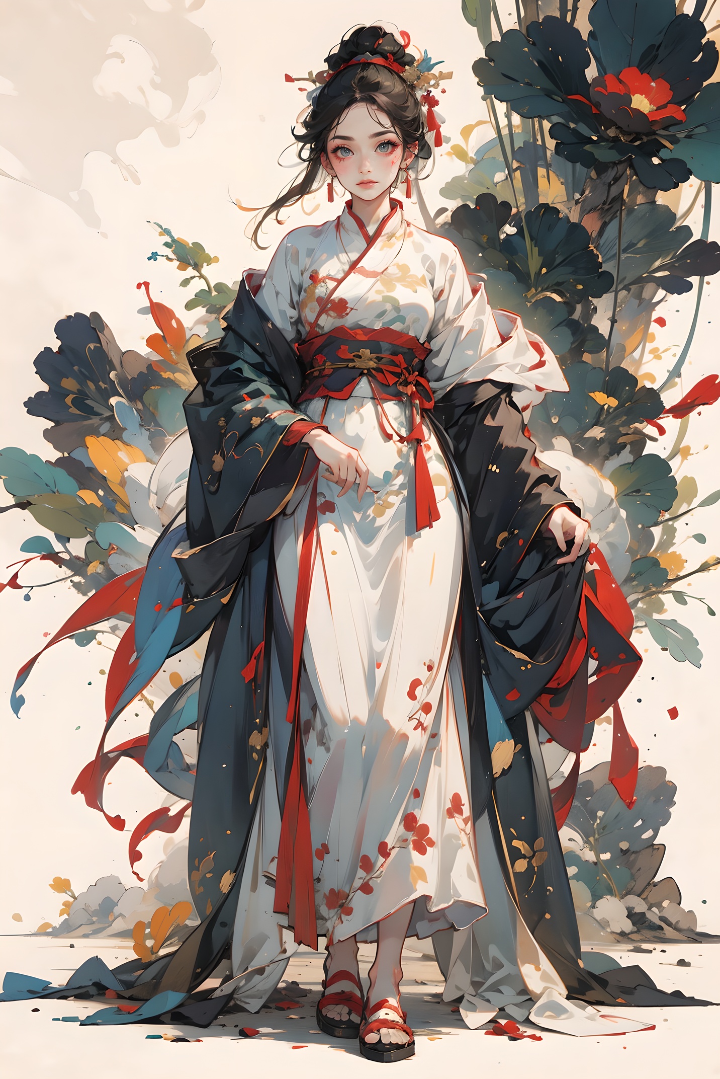 one girl,masterpiece,best quality,pigment,Facial detail,Landscape background,on one's stocking feet,Tall and tall:1.35,Exquisite makeup,full body,(colorful:0.85),ancient China,<lora:hanfu:0.35>,<lora:linhe gufeng_20231016142654:0.65>,