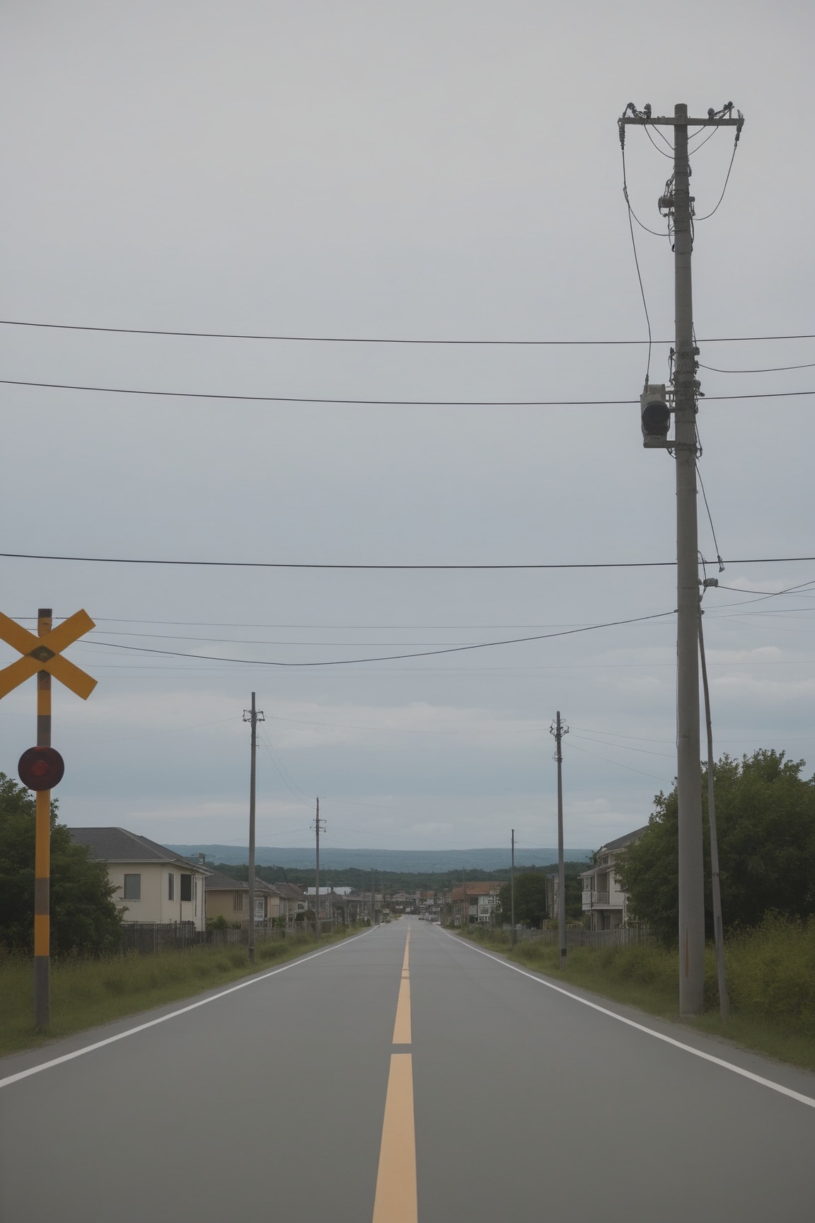 <lora:Anchestreet-V1:0.7>,anchestreet,no humans,outdoors,scenery,road,power lines,sky,sign,utility pole,road sign,day,