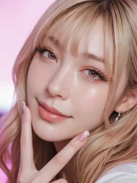 masterpiece, ultra-HD, high detail, best quality, 8k,hyper-realistic, real skin, skin blemish. film grain,1woman, (mature female, milf, long face, long eyelashes), eyelashes, gyaru, thick lips, beautiful, pouting lips, smile. blonde and pink hair. bangs. long nail polish, glitter nail polish. hand view. backwards v,pink lighting, erotic theme. (view from side), face focus, dynamic composition, dynamic angle.50mm lens, naturally blurred background, <lora:Add-cfg_scale_boost:0.3><lora:Add-*******_style_v1_pony:1><lora:Body-RealSkin_xxXL_v1:0.1><lora:MoriiMee_Gothic_Niji_Style__Pony_LoRA:0.1><lora:contract_controller_illus01_v1:0.05>