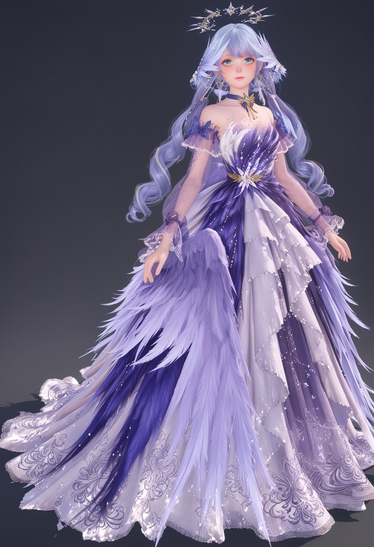 (full_body:1.1),(looking at viewer:1.1),facing viewer,direct gaze,<lora:YQ_pony_nuannuan21_chiyubuyu_zhigengniaoranse_V4:0.8>,see-through,see-through long_sleeves,1girl,solo,long hair,dress,jewelry,earrings,choker,purple dress,blue hair,purple hair,hair ornament,blue eyes,twintails,purple choker,BREAK (white skin:1.1),(fair skin:1.1),(Ivory skin:1.1),(shiny skin),perfect anatomy,(simple background,pure black background,black background:1.1),