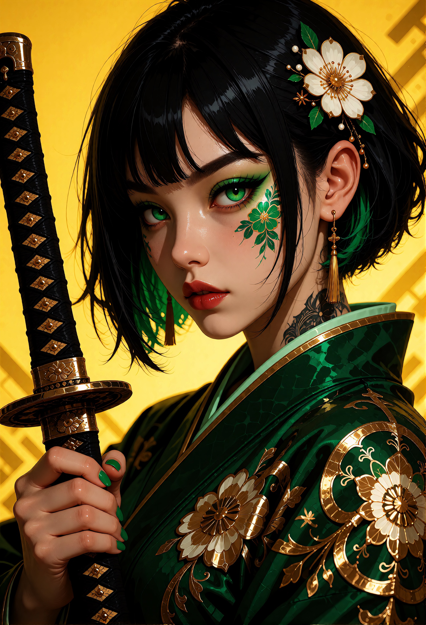 A highly detailed digital illustration of a ***** woman with striking green eyes,  wearing a traditional Japanese outfit w...