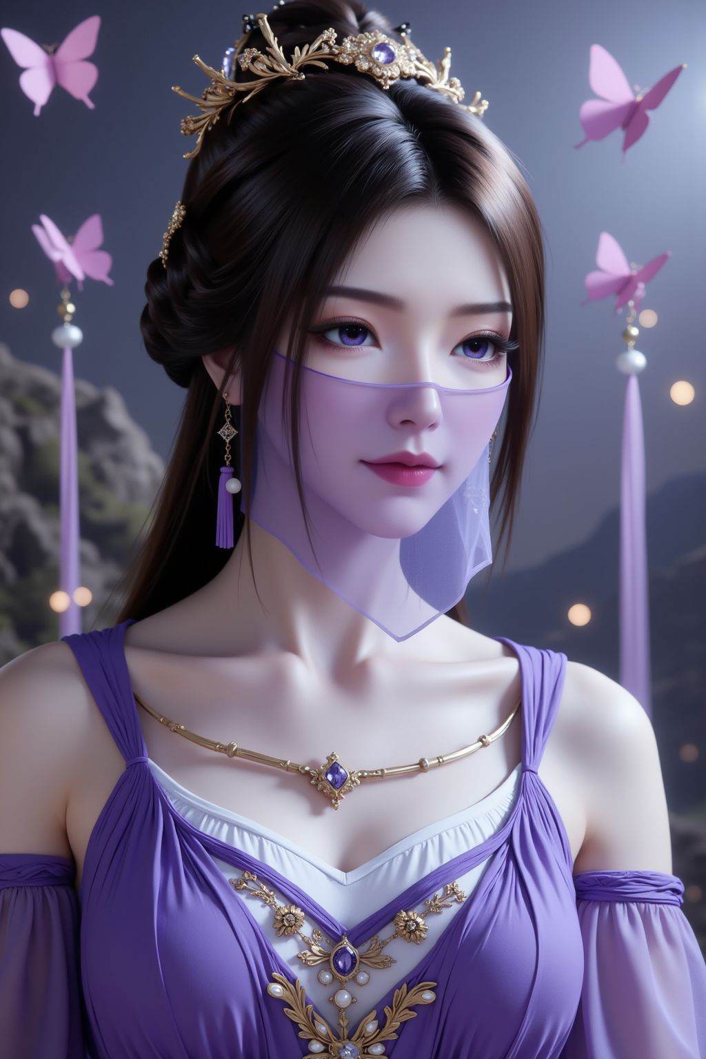 The main subject of the image is a woman in traditional attire. She wears a high bun, with a golden hair ornament inlaid with purple gemstones on top of her head and a hairpin with pearls and small golden decorations inserted on the side; her long hair is braided and hangs down beside her shoulders. A light purple veil covers her face, with tiny tassels on the edge; her purple pupils are paired with exquisite eye makeup, long eyelashes, and light pink lipstick on her lips. She wears golden star-patterned earrings on her ears, with pearls and purple tassels hanging below. Dressed in a purple off-shoulder long dress with a white inner lining at the neckline, the chest is decorated with golden patterns, gemstones, and pearls, appearing luxurious. The background is a blurred night scene with lights, surrounded by pink butterflies and purple and pink ribbons. The overall atmosphere is dreamy and elegant, with dominant purple and pink tones; golden decorations add a sense of nobility, butterflies and ribbons add dynamic rhythm, and the blurred background emphasizes the main subject. <lora:20251024_TinFlux1ZiLingLora8:1>
