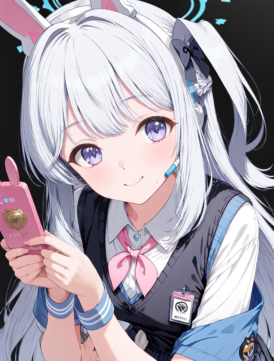 Miyako (blue archive),O,Five fingers,Miyako (blue archive),1girl, halo, long hair, animal ears, full body, purple eyes, solo, simple background, looking at viewer, necktie, sneakers, skirt, shoes, school uniform, black background, sidelocks, alternate costume, id card, vest, smile, bangs, white hair, grey hair, rabbit ears, fake animal ears, holding,(UHD),anatomically correct,accurate,textured skin,super detail,high details,award winning,best quality,high quality,retina,HD,16k,1080P,