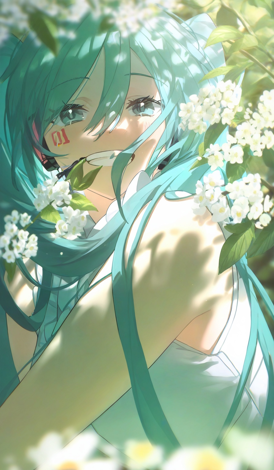 <lora:konya666 (5):1>,highres,absurdres,newest,very awa,masterpiece,best quality,year 2024,\,SenSen,1girl,solo,hatsune miku,flower,long hair,white flower,twintails,looking at viewer,hair between eyes,upper body,aqua hair,sleeveless,blurry,blurry foreground,shirt,leaf,aqua eyes,dappled sunlight,sleeveless shirt,depth of field,covered mouth,bare shoulders,plant,sunlight,smile,