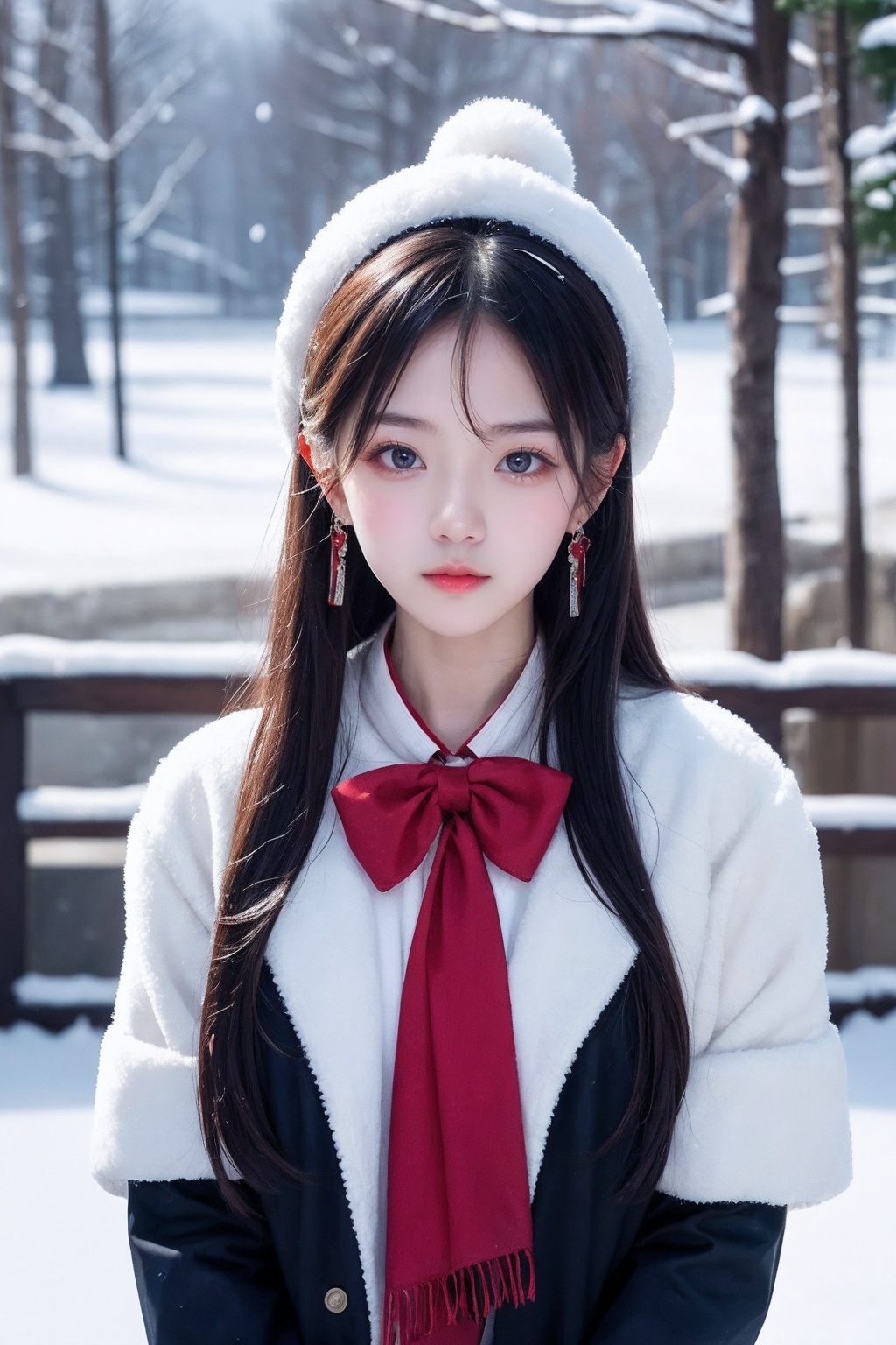 gufeng,1girl,long hair,solo,jewelry,earrings,upper body,snowing,closed mouth,lips,snow,facing viewer,ribbon,clothes,