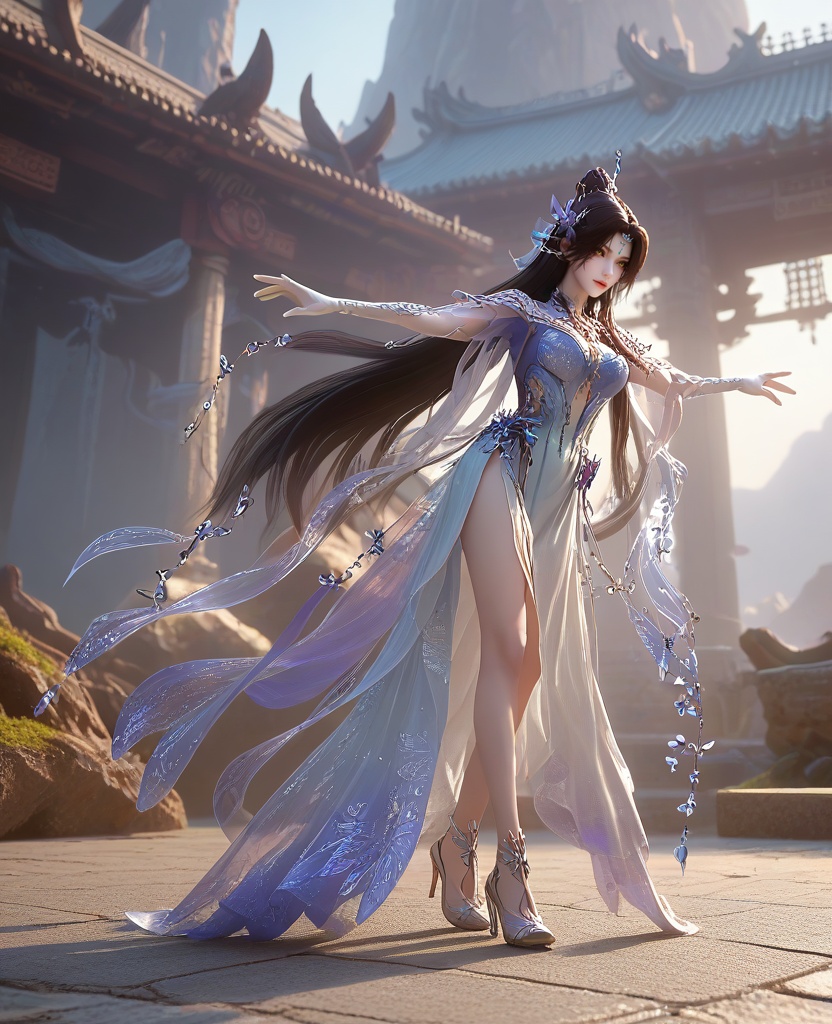 (oriental architecture, elegant decor, sophisticated style:1.1),(Parting legs slightly, arms outstretched,:1.1),from back,(large breasts:1.2),shoes,<lora:XL16云深不知梦羲和四象归一:0.95>,miss xihe,blue-violet to white ombre gown,yellow eyes,forehead pendan,black hair,traditional chinese updo with long front strands,absurdly long hair,hair ornament,jewelry,elbow gloves,butterfly embellishments,crystal gown hemline,, score_9,score_8_up,score_7_up,score_6_up,score_5_up,score_4_up,3d rendering,tag1,tag2, Cinematic Lighting,backlighting,