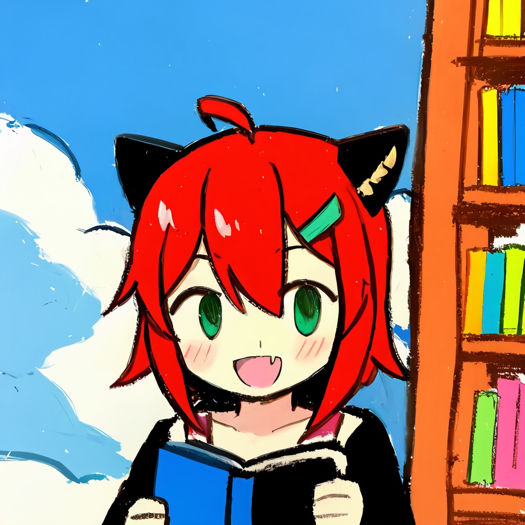 1girl,    solo, red hair, book, cloudy sky, upper body, holding book, blush, :d, day, hairclip, hair between eyes, holding, looking at viewer, skin fang, long sleeves, blinking, fang, cloud, virtual youtuber, short hair, green eyes, bookshelf, sky, smile, blue sky, collarbone, outdoors, open mouth, tree, hair ornament, ahoge, masterpiece, best quality,  safe