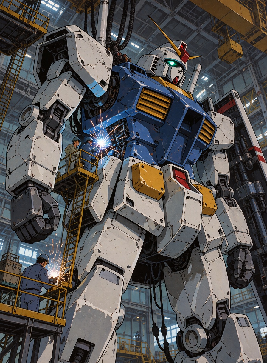 An enormous white and cobalt-blue humanoid combat mecha suspended inside an industrial maintenance hangar,  tiny ***** eng...