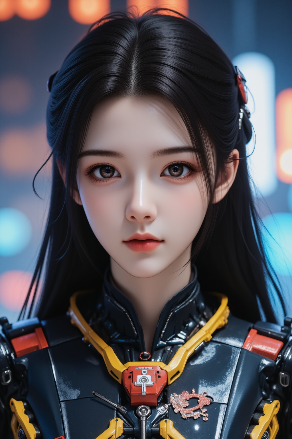 1girl, solo, brown eyes, black hair, looking at viewer, hanfu, science fiction, long hair, cyberpunk, cable, robot joints, joints