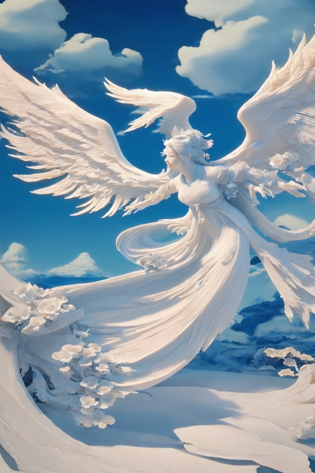 shouban,<lora:手办_v1.0:1>,1girl,ancient fairy,the green mountain peak shrouded in clouds and mist,flowing white yarn,holding a jade flute,behind, the colorful phoenix spreads its wings, ready to fly,