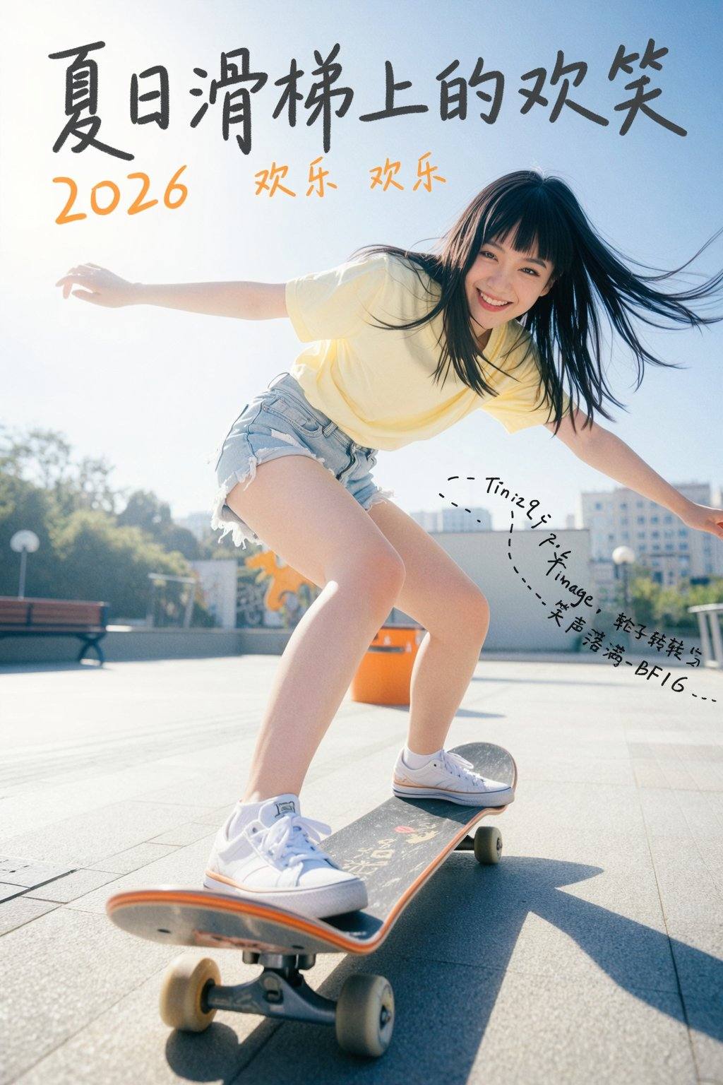 极度清晰的电影级质感,图片风格：用极致的高光死白制造视觉焦点,用明暗细节的对比拉满情绪张力,最终实现“强烈,锐利,有层次” 的视觉冲击,图片内容:8K超清电影剧照,极致细节,完美的色彩噪点控制,钨丝蓝调晕光,双色温混光色调,高反差气氛,过度曝光,rim light,体积光束,正常皮肤纹理,阴影有细节,抓拍,丝绒般,微粒,幼滑,绵密,可触摸的灰阶,毛呢质感,磨砂,空气胶体,灰雾厚度,粒子景深,颗粒透视,银盐雪幕,文案设计手写花体字：“TinZ-Image-Turbo-BF16”,女明星饰演黑道少女,瘦身穿搭,公主切长发,肤白貌美,narrow_waist,腿很长,睫毛,细眉,上围饱满,皮肤白皙,参考元素描述如下:林佑夏,漫展Coser写实照片,日本女明星在广场玩滑板,低视角从脚开始往上拍摄,可见她穿着白色运动鞋的脚踩在滑板上,浅蓝牛仔短裤下露出纤细小腿,双手张开保持平衡,上身微晃,头歪向一侧,正对着镜头露出灿烂笑容,眼角带笑纹,发丝因动作飞扬,姿态灵动又透着活泼的嬉笑感,封面顶部用带动感的手写体写着“夏日滑梯上的欢笑”,下方以橙色小字标注“2026 欢乐”,右下角用细线条画着滑板轮廓,旁边配着“轮子转呀转,笑声落满广场”一行小字,文案随滑板动态倾斜,充满活力,采用低角度仰拍构图,从滑板底部向上延伸,人物占据画面右侧三分之二,左侧留白为广场地面与远处的长椅,背景虚化突出动态,光线是午后的侧光,柔和地在人物腿部与滑板上形成浅淡阴影,地面反射阳光光斑,明暗过渡自然,画面带轻微颗粒感,色彩以低饱和的白,浅蓝,橙黄为主,运动鞋是白色,短裤是浅蓝,滑板边缘有橙色装饰,人物穿浅黄色T恤,广场地面是淡灰,整体色调明快清新,像被夏日阳光晒得发亮,尽显日系文艺的细腻与朝气,