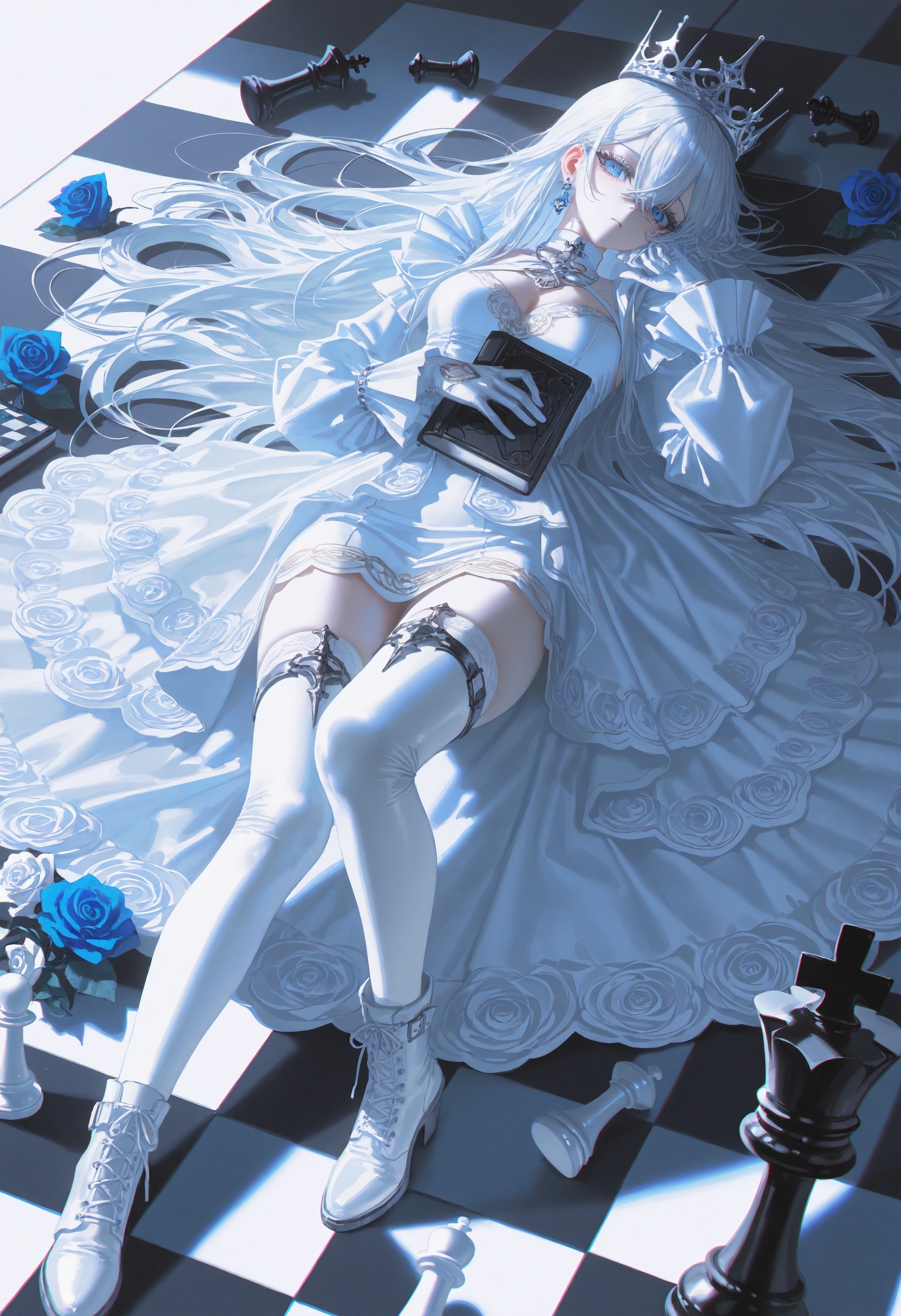 masterpiece,best quality,artist:john_kafka,artist:nixeu,artist:quasarcake,chromatic aberration,film grain,high contrast,color contrast,cold colors,gritty,graphite \\\\(medium\\\\),1girl, solo, long hair, thighhighs, white hair, flower, rose, chessboard, chess piece, blue eyes, crown, lying, dress, looking at viewer, white rose, on back, white thighhighs, jewelry, white dress, white flower, long sleeves, book, full body, earrings, breasts, very long hair, hair between eyes, white theme, blue flower, gloves, boots