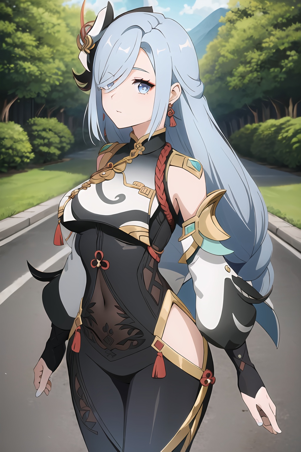 (masterpiece, best quality:1.2),insanely detailed,absurdres,ultra-highres,ultra-detailed,best quality,slender,kawaii,perfect symmetrical face,ultra cute girl,ultra cute face,ultra detailed eyes,ultra cute,ultra beautifu,<lora:shenheh-000001:1>,shenhe\(the world's shackles\),shenhe \(genshin impact\),1girl,solo,long hair,hair ornament,hair over one eye,bare shoulders,breast curtain,black bodysuit,hip vent,breasts,nail polish,partially fingerless gloves,grey hair,tassel,tassel earrings,jewelry,clothing cutout,high heel sandals,gold trim,long sleeves,detached sleeves,backless outfit,outdoors,multicolored eyes,