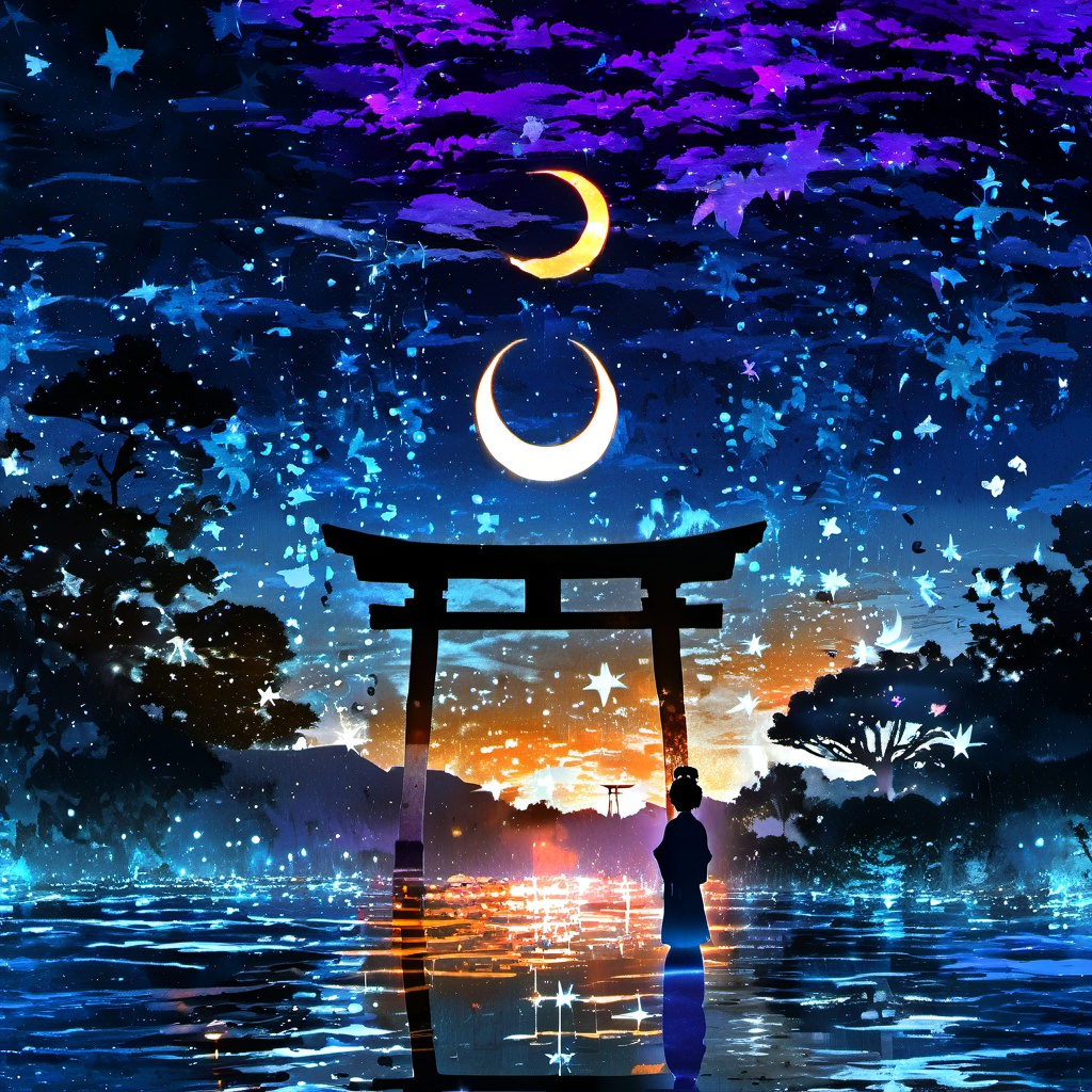 <lora:star_xl_v3:1>, ethereal ambiance, 1girl, solo, blue and orange theme, standing, japanese clothes, sky, water, tree, night, moon, bug, scenery, silhouette, torii, crescent moon, star \(sky\), a black silhouette of a person, nature, starry sky, a serene and mystical night scene, a black and orange silhouette of a person standing in front of a large and ornate torii gate which is illuminated from the inside casting a warm and golden glow, the silhouette of  the person is dressed in traditional attire which is possibly a kimono, the background is filled with a mesmerizing blend of colors and predominantly blues and purples which representing the night sky., there are numerous stars scattered throughout, and a crescent moon is visible in the center, the water below reflects the colors of the sky, there's a silhouette of a butterfly on the right side, serene, mystical, night scene, torii gate, golden glow, traditional attire, stars, butterfly