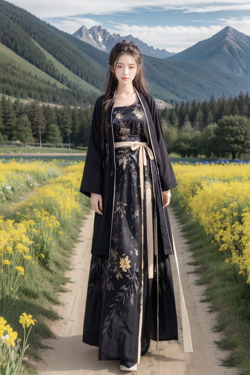 Realistic,masterpiece,best quality,8K,HDR,RAW,1girl,((solo)),(Spring scenery, mountains in the distance, beautiful clouds, rape flower fields),(standing),large breasts,(Looking at the audience),full body,<lora:add_detail:0.6>,<lora:GoodHands-beta2:1>,<lora:ENNE 汉服_v10:0.8>,hanfu,(black skirt),black coat,floral print,