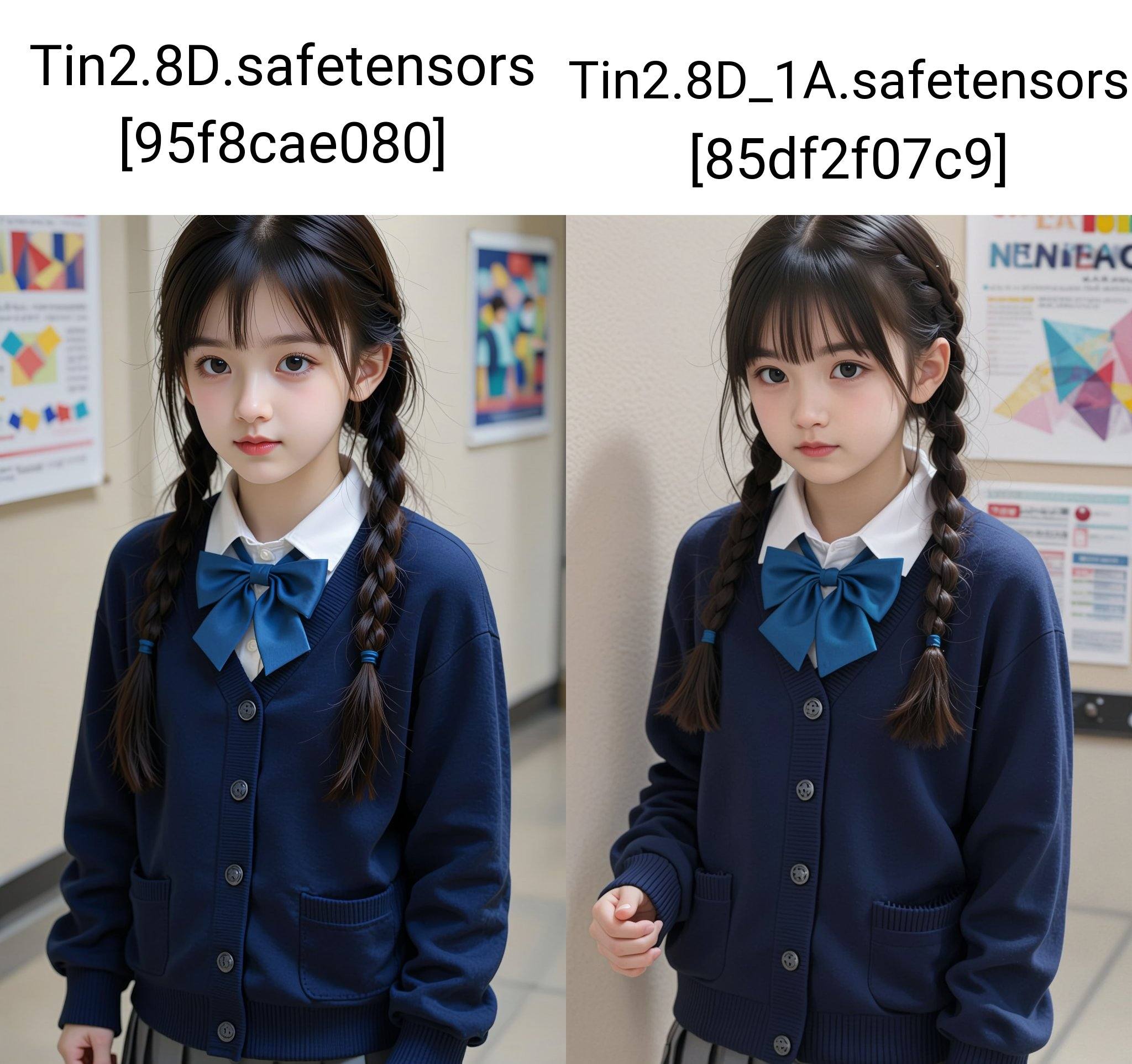 The image depicts a young girl with long dark hair styled in two braids that hang down to her shoulders. She is wearing a...