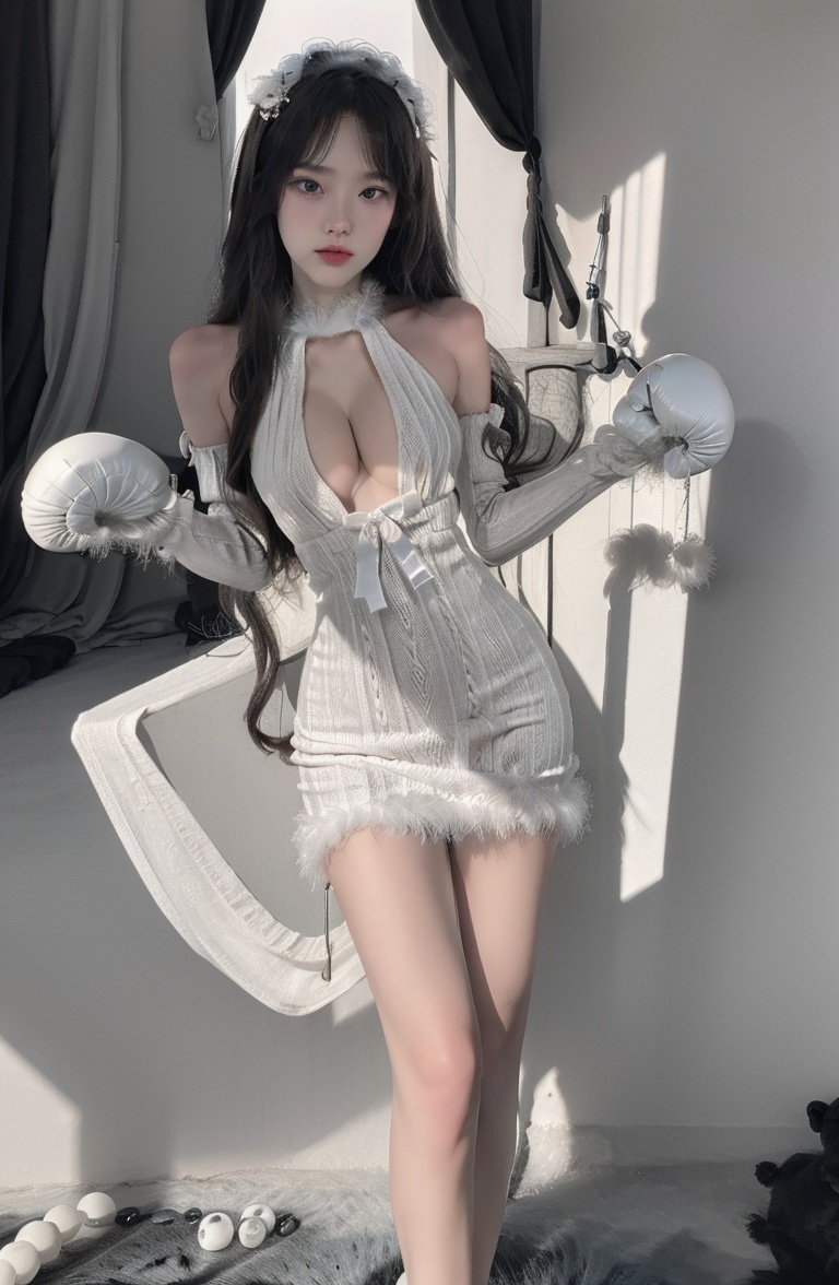 (masterpiece, best quality:1.4),finely detailed,1girl,solo,pale skin,perfect body,standing,(medium breasts:1.2),(cowboy_shot:1.2),<lora:killer性感白色露背连衣裙v1.0-000008:0.8>,white dress,bare shoulders,detached sleeves,dress,elbowgloves,