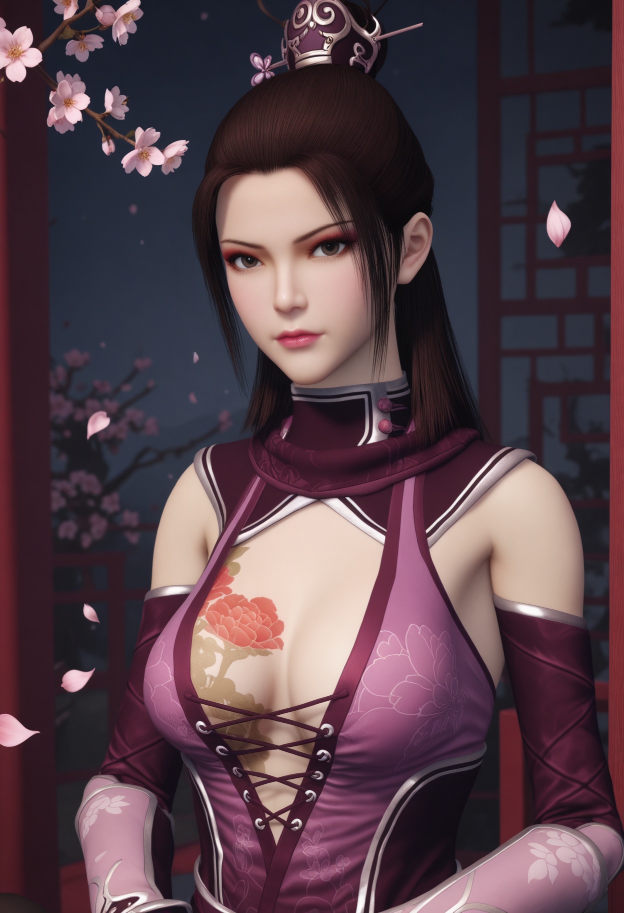 (upper_body:1.2),(looking at viewer:1.1),masterpiece,(best quality),smog,Dark room,dim lighting,peach blossom,falling petals,<lora:YQ_Illustrious光辉v5_玄净天_V1:0.8>,q1528437228,1girl,solo,long hair,black hair,makeup,breasts,hair ornament,tattoo,brown hair,black eyes,detached sleeves,dress,chinese clothes,brown eyes,gloves,scarf,boots,pantyhose,elbow gloves,sleeveless,hair bun,