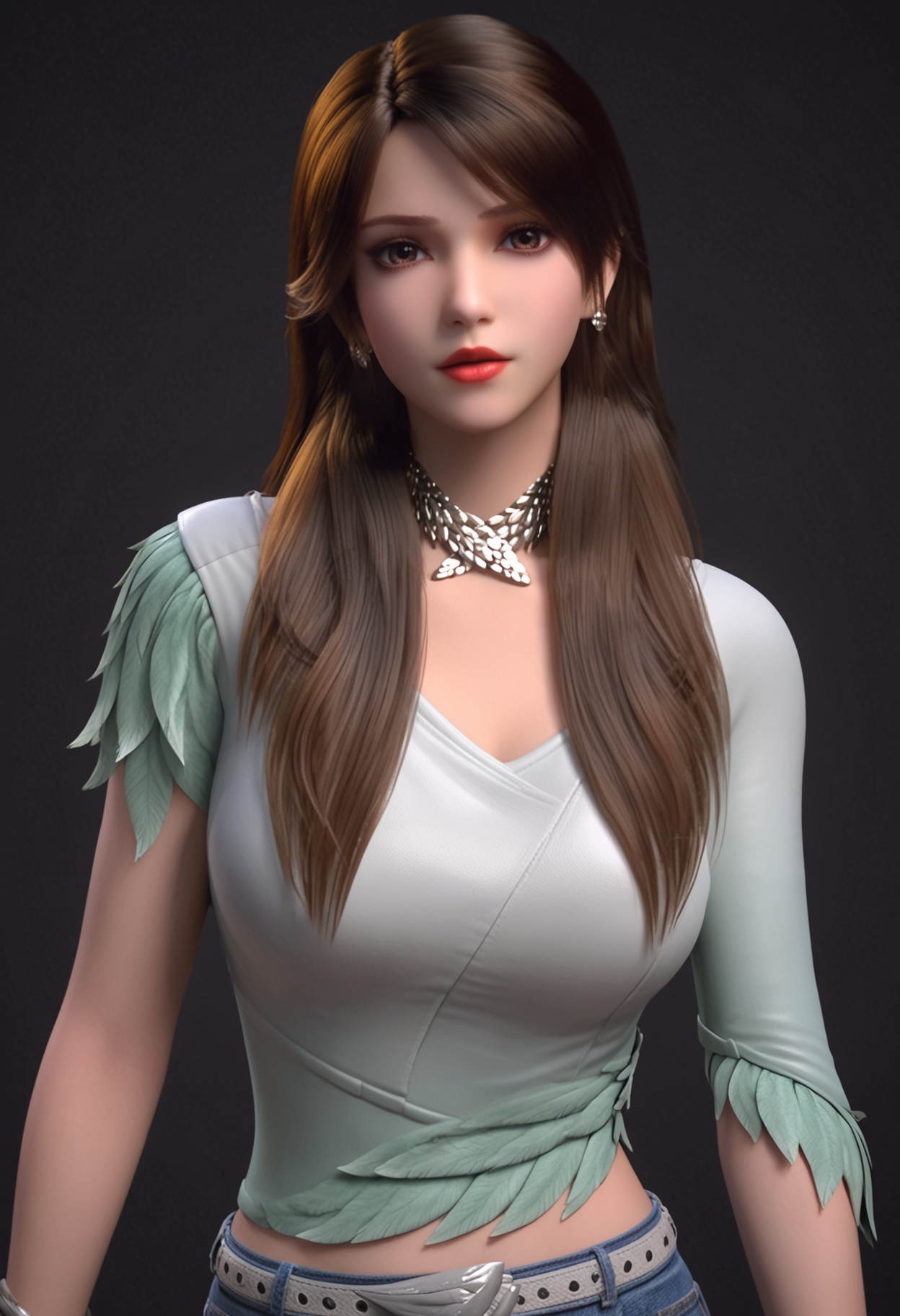 score_9,looking_at_viewer,upper body,(large breasts:0.8),1girl,solo,brown hair,long hair,realistic,brown eyes,lips,jewelry,earrings,shirt,necklace,red lips,denim,shorts,belt,high heels,(simple background,pure black background,black background:1.1),perfect_anatomy,<lora:QQSponybaizhiV1:0.8>,