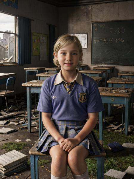 (a photograph of the medium blonde hair 12 year old sarah from the last of us in a blue school uniform with checkered skir...