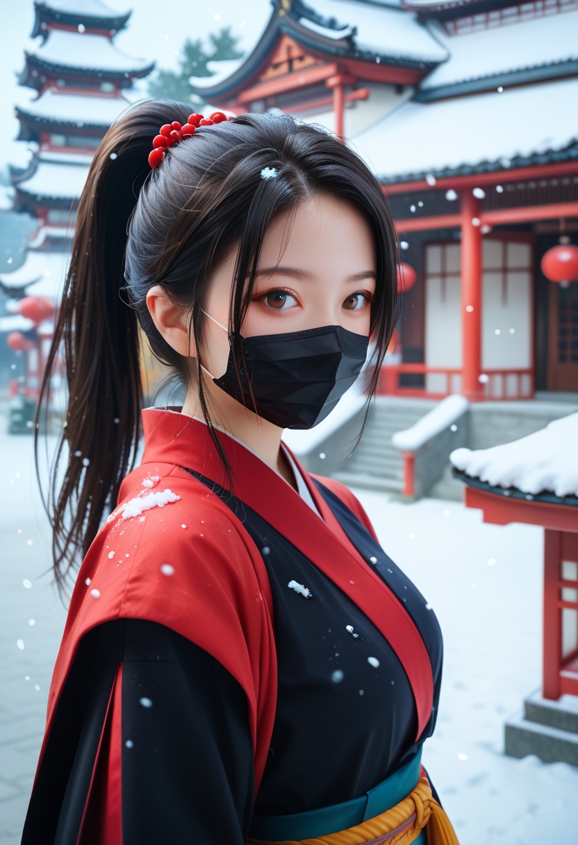 1girl,solo,black hair,snowing,looking at viewer,mask,ponytail,mouth mask,upper body,long hair,brown eyes,architecture,snow,breasts,east asian architecture,outdoors,blurry,blurry background,sash,, score_9,score_8_up,score_7_up,highly detailed,high budget,masterpiece,best quality,perfect anatomy,very aesthetic,8k,