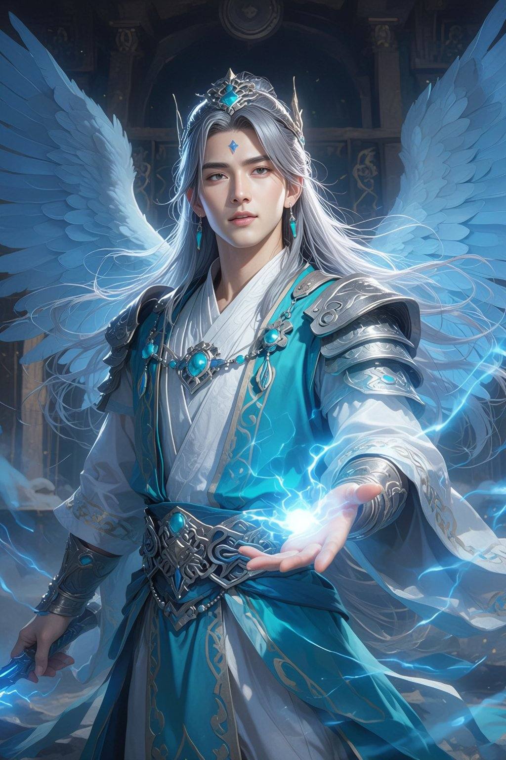 A young Asian man,  likely in his late teens or early twenties,  is depicted in a fantasy illustration. He has long by 天TI...