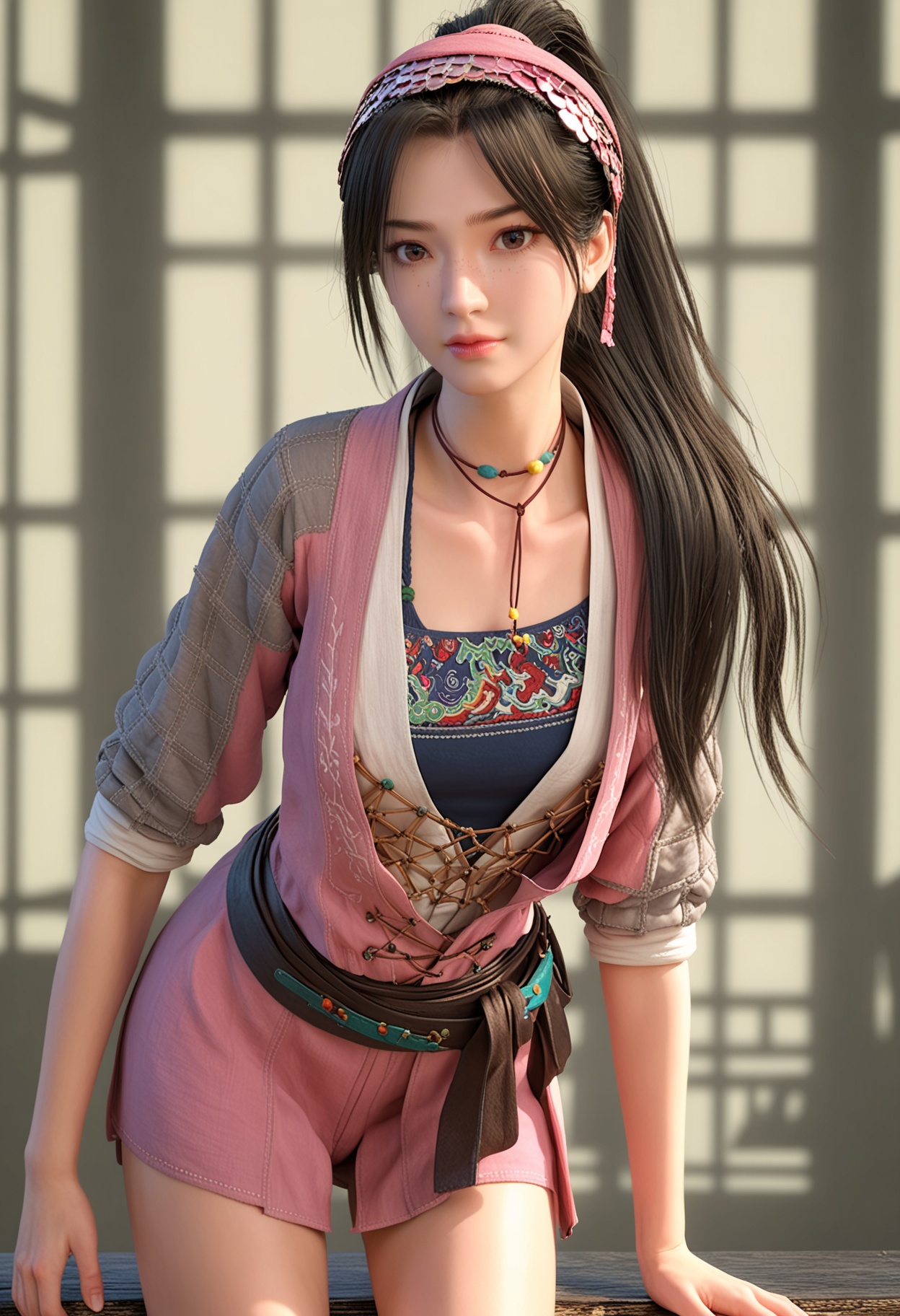 score_9,high detail,best quality,cinematic lighting,volumetric lighting,shiny skin,shiny,1girl,necklace,solo,jewelry,long hair,looking at viewer,black hair,lips,realistic,brown eyes,ponytail,collarbone,hairband,brown hair,simple_background,thighs,cowboy_shot,<lora:QQSponytuliV1:0.8>,<lora:Pony_DetailV2.0:0.8>,<lora:皮肤凹痕:0.1>,