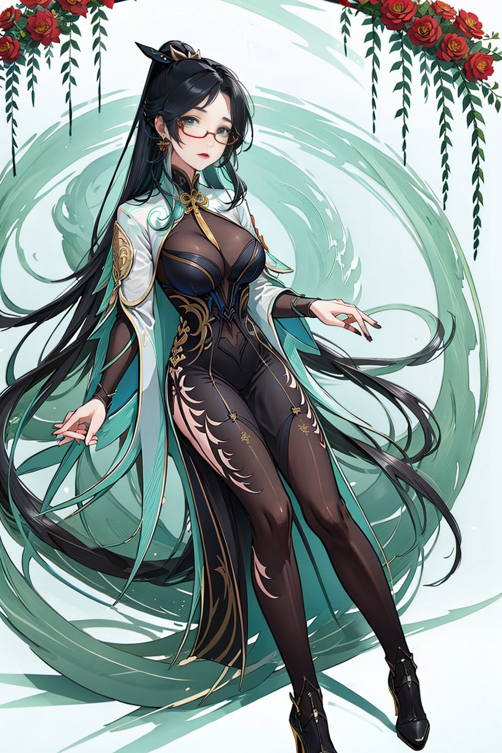 genshin_impact,Cloud Retainer,liuyunjiefeng, liuyunjiefeng_(genshin_impact),a woman with long hair and a white dress holding a cigarette in her hand and a flower in her hair, 1girl,solo, glasses, hair_over_one_eye, earrings, flower, breasts, long_hair, green_eyes, dress, solo, chinese_clothes, black-framed_eyewear, jewelry, very_long_hair, looking_at_viewer, china_dress, long_sleeves, wide_sleeves, holding,full body,Large chest,long legs,cleavage,high heels,high-heeled shoes,Black stockings,address,Yarn long skirt