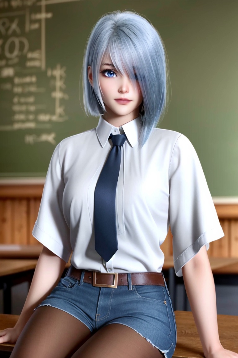 ((HRD, HUD, 8K)),((masterpiece, best quality)), highly detailed, soft light,1girl, solo, short hair, bangs, blue hair, white hair, hair over one eye, blue eyes, lips, (white shirt:1.2), necktie, denim shorts, black pantyhose,blurry background, classroom, chalkboard, sitting, cowboy shot, looking at viewer, <lora:20240425-1714007036601:0.7>