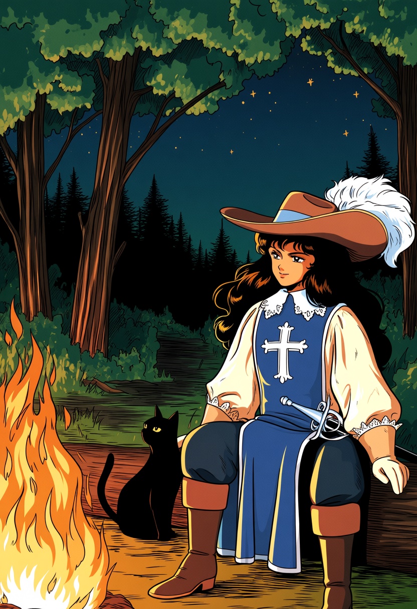 @wocusile. A beautiful young woman dressed as a musketeer sits peacefully beside a crackling campfire at dusk,  rendered i...
