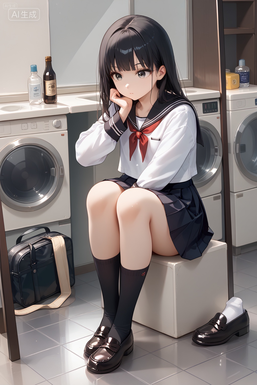 1girl,solo,long hair,skirt,shirt,black hair,long sleeves,sitting,school uniform,(white shirt:1.4),pleated skirt,socks,indoors,black skirt,sailor collar,bag,black footwear,book,kneehighs,bottle,black socks,loafers,box,black sailor collar,mirror,school bag,tiles,tile floor,washing machine,highly detailed,ultra-high resolution,32K UHD,sharp focus,best-quality,masterpiece,golden hour,unconventional supreme masterpiece,masterful details,temperate atmosphere,with a high-end texture,in the style of fashion photography,Dynamic Angle,(Dynamic posture:1.1),temptation,, Negative prompt: (worst quality, low quality, very displeasing, lowres),(interlocked fingers, badly drawn hands and fingers, anatomically incorrect hands),blurry,watermark,,nsfw, Steps: 35, Sampler: Euler a, CFG scale: 6.0, Seed: 4165111857, Size: 1024x1536, Model hash: a3aeb59bbf, Model: 星美pony_写实动漫插画大模型_1.0.safetensors, Denoising strength: 0.0, Clip skip: 2, ENSD: 31337, RNG: CPU, vae_name: automatic