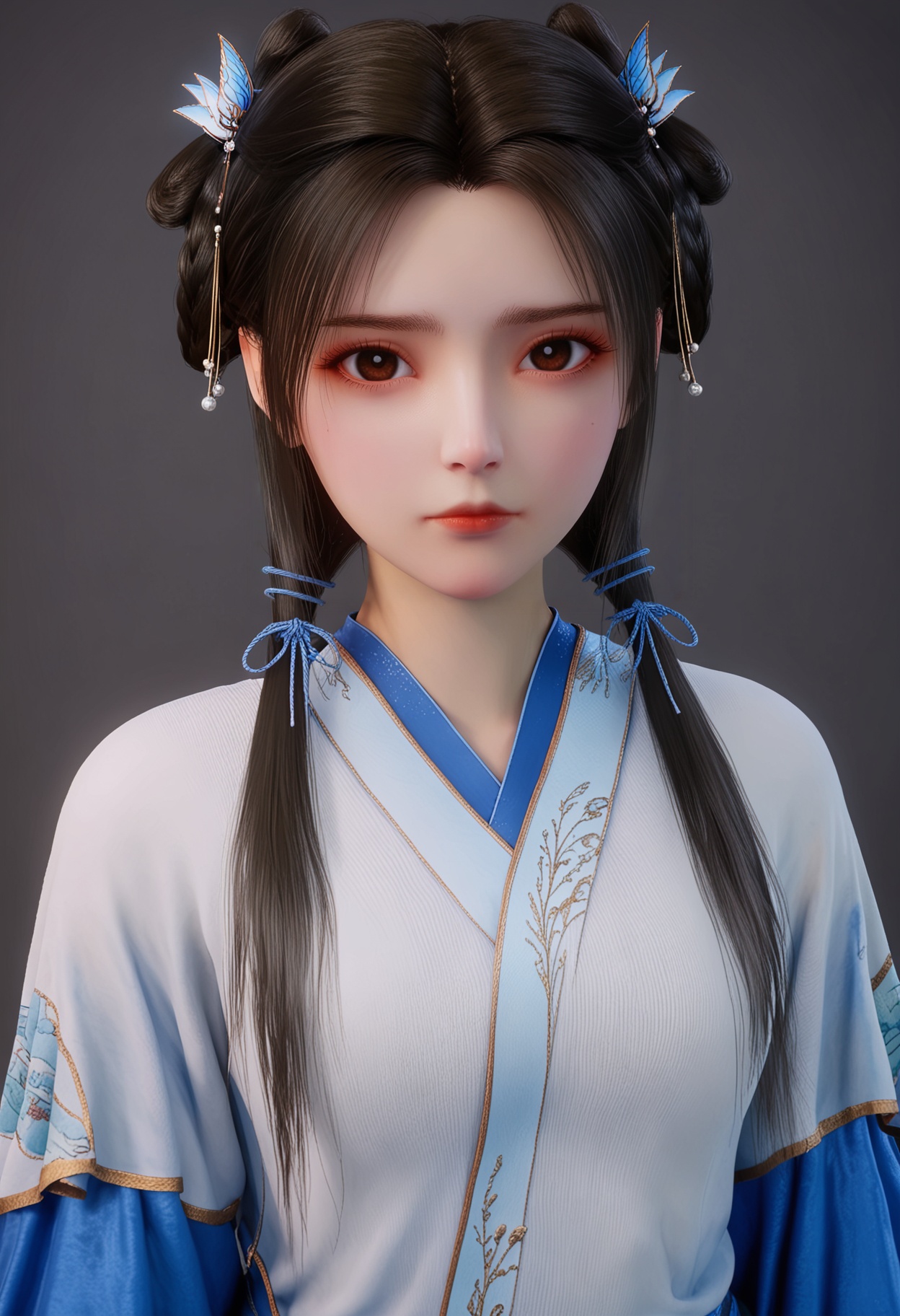 score_9,looking_at_viewer,upper body,(large breasts:0.8),1girl,black hair,hair ornament,realistic,chinese clothes,brown eyes,long hair,closed mouth,hair rings,hair ribbon,ribbon,twintails,red lips,hanfu,dress,long sleeves,eyelashes,braid,(simple background,pure black background,black background:1.1),perfect_anatomy,<lora:QQSponyzhouruV1:0.8>,