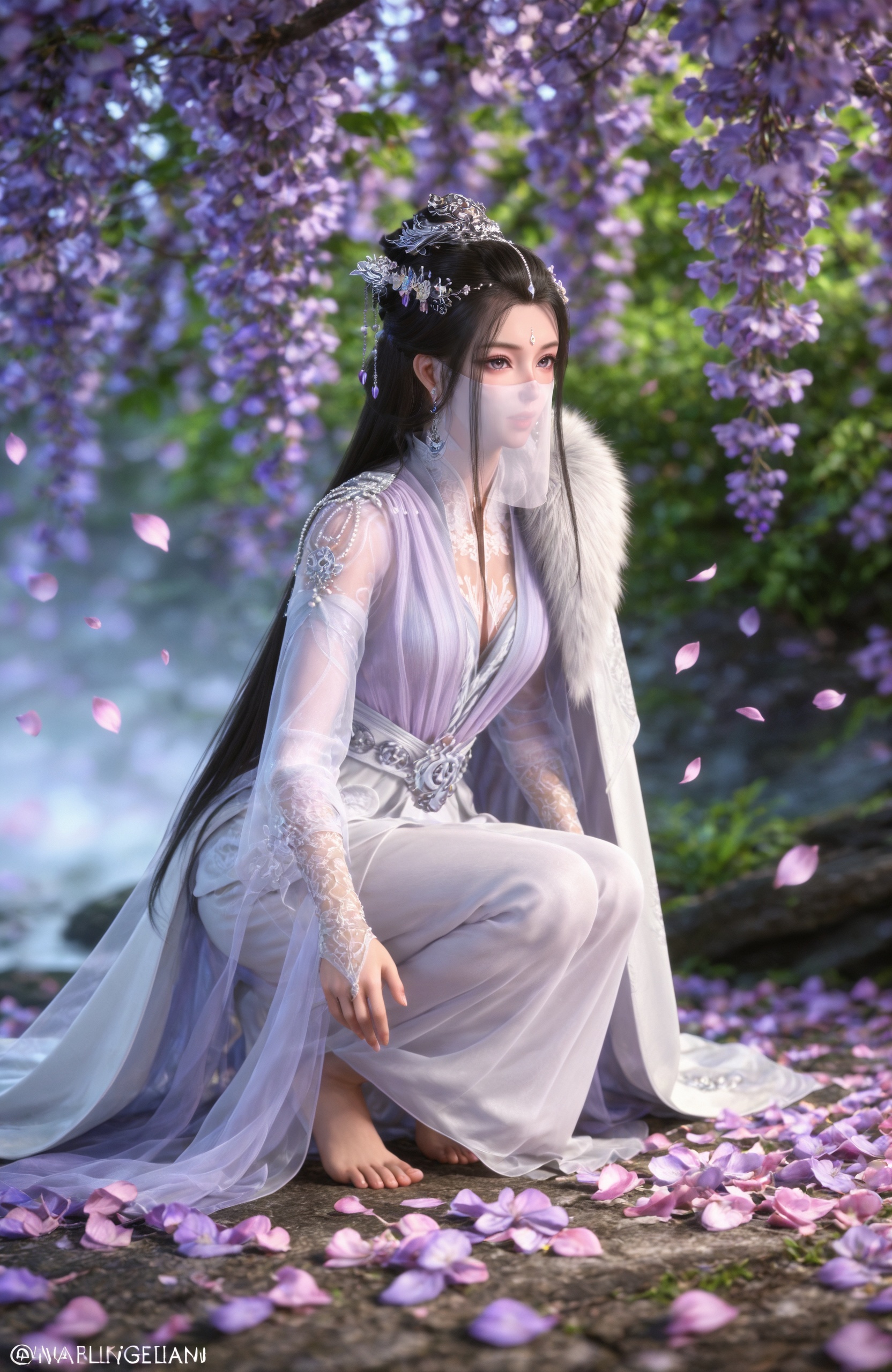 <lora:少年歌行-月瑶Pony:0.7> 1girl, hair ornament, hair bun, black hair, earrings, mouth veil, long hair, white dress, cape1girl, solo, long hair, brown hair, black hair, hair ornament, dress, closed mouth, jewelry, full body, flower, earrings, barefoot, white dress, hair bun, petals, facial mark, squatting, veil, stairs, forehead mark, falling petals, mouth veil, wisteria