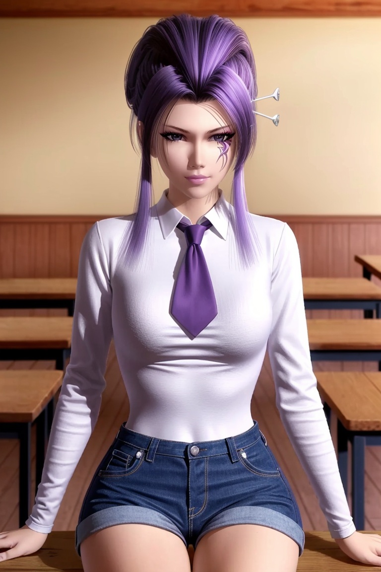((HRD, HUD, 8K)),((masterpiece, best quality)), highly detailed, soft light,1girl, solo, purple hair, hair ornament, hair stick, purple eyes, makeup, facial mark, scar, lips, lipstick,tattoo, (white shirt:1.2), necktie, denim shorts, black pantyhose,blurry background, classroom, chalkboard, sitting, cowboy shot, looking at viewer, <lora:20240501-1714526892402:0.7>