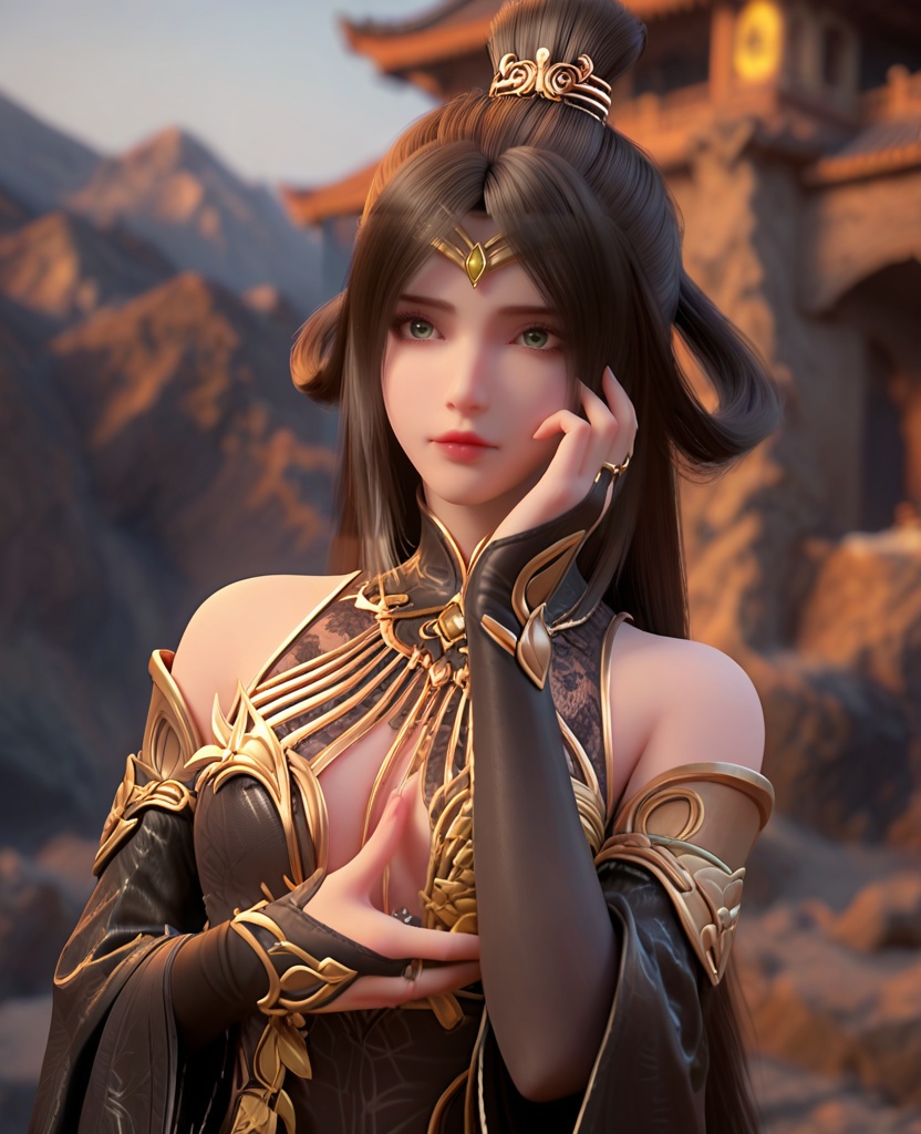 (oriental architecture, elegant decor, sophisticated style:1.1),Hands on face, covering eyes,,(breasts:1.2),<lora:XL完美世界魔女2:0.95>,miss monv,solo,black dress,green eyes,circlet,black hair,long hair,hair bun,white  streaked hair,lips,claw rings,jewelry,detached sleeves,bridal gauntlets,hair rings,, zPDXL2, score_9, score_8_up, score_7_up BREAK realistic, masterpiece,best quality, highly detailed,, zPDXL3, zPDXL2,zPDXL, zPDXLxxx, zPDXLrl,