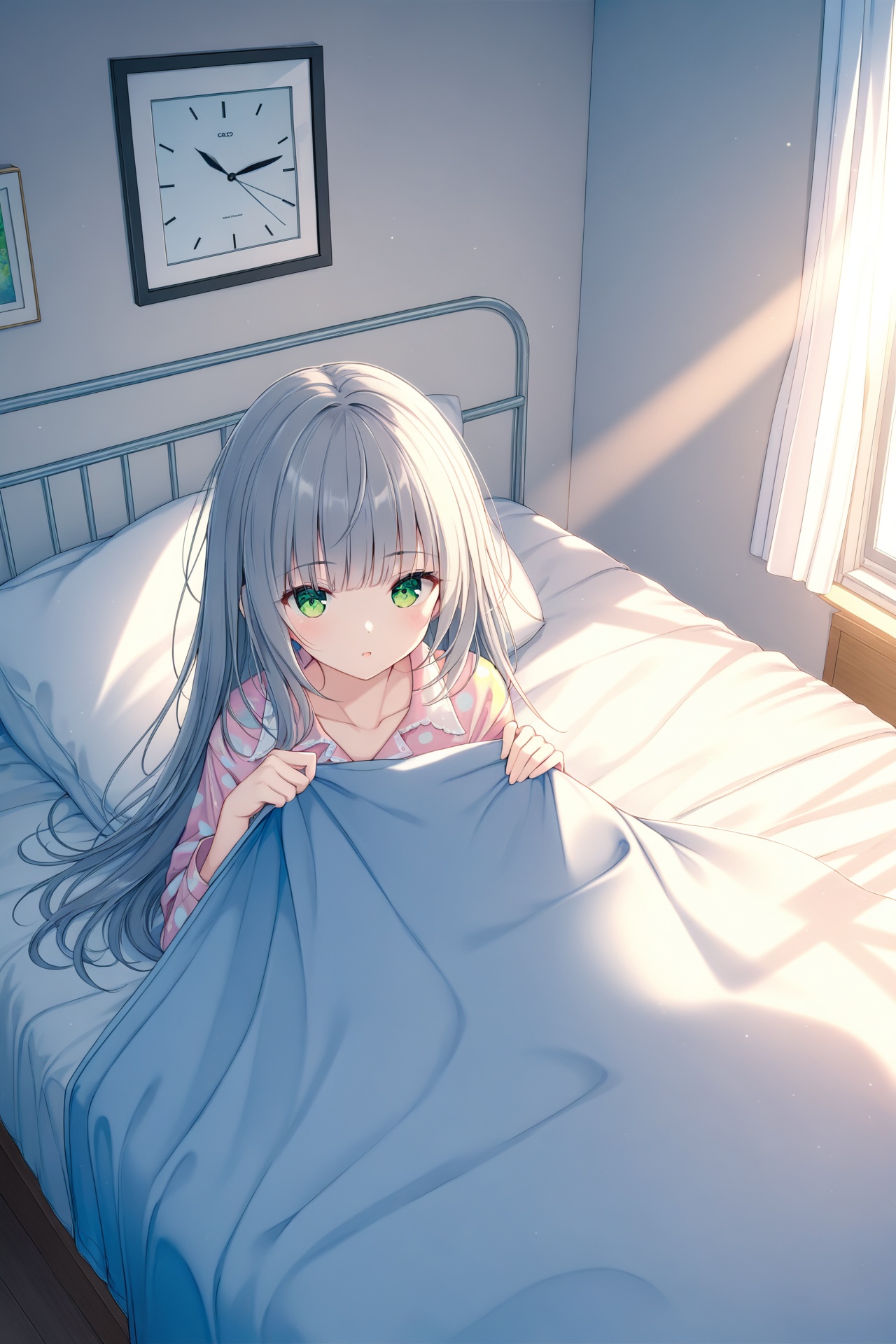 (masterpiece),(best quality),illustration,ultra detailed,hdr,Depth of field,(colorful),loli,1girl,clock,solo,alarm clock,under covers,green eyes,bed,long hair,pillow,indoors,sunlight,curtains,pajamas,grey hair,blanket,window,collarbone,bangs,