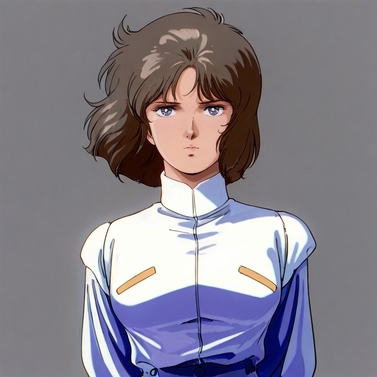 masterpiece, best quality,solo,(grey background:1.2),simple background,1girl,looking at viewer,  retro artstyle, anime_style, gundam_f91_style, uc_0123_style, 1980s \(style\)<lora:f91-ill:0.8>