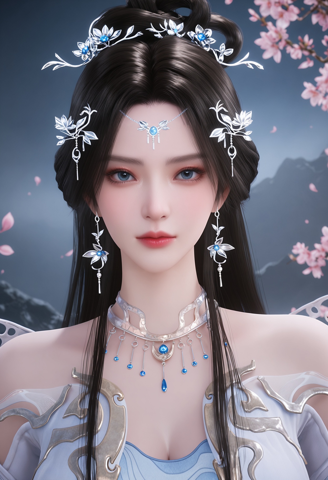 (upper_body:1.2),facing viewer,direct gaze,(looking at viewer:1.1),(masterpiece:1.1),(best quality:1.2),(intricate details),(smog:1.3),(Dark room:1.3),(dim lighting:1.3),peach blossom,falling petals,<lora:YQ_Illustrious光辉v5_安妙依_V1:0.8>,(yashmak:1.2),1girl,q1528437228,solo,long hair,jewelry,black hair,hair ornament,earrings,dress,necklace,blue eyes,white dress,hair bun,hair rings,forehead mark,blue dress,single hair bun,brown hair,detached sleeves,tiara,shoes,masterpiece,(best quality),(intricate details:0.9) BREAK (intricate details:0.9),(realistic skin:1.2),masterpiece,best quality,newest,absurdres,hiahres,
