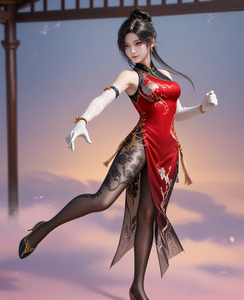 (oriental architecture, elegant decor, sophisticated style:1.1),(practicing martial arts,the roundhouse kick:1.1),(breasts:1.2),<lora:XL16永劫无间顾清寒皮肤冰凌:0.95>,miss guqinghan,red china dress,brown eyes,black hair,single updo with long front strands,white elbow gloves,black pantyhose with floral embroidery,side slit,, score_9,score_8_up,score_7_up,score_6_up,score_5_up,score_4_up,3d rendering,tag1,tag2, Cinematic Lighting,backlighting,