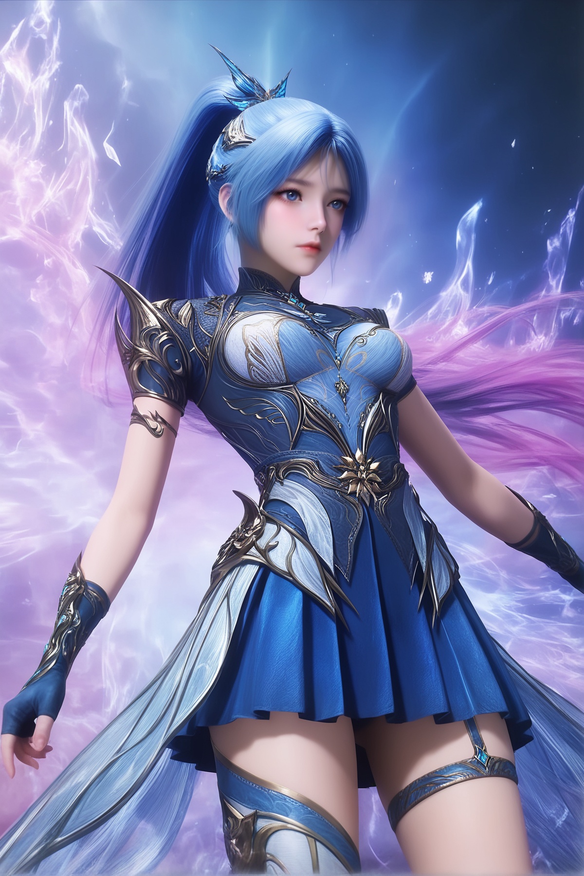 masterpiece,best quality,realistic,cinematic,detail eyes,(ultra-detailed),perfect composition,intricate details,absurdres,detailed face,high quality,high res,8K,<lora:X_tangwutong_htc_IL3.0:0.8>,blue hair,multicolored_hair,blue eyes,high ponytail,1girl,long hair,breast,medium breast,hair_ornament,dress,skirt,thigh boots,