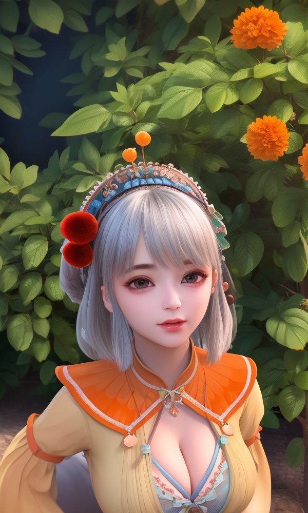 (,1girl, ,best quality, ),looking at viewer, <lora:433-DA-少年歌行-小白:0.8> ,ultra detailed background,ultra detailed background,ultra realistic 8k cg,, ,masterpiece, (( , )),, ,      ,  orange blossoms,  (cleavage), (), ,,