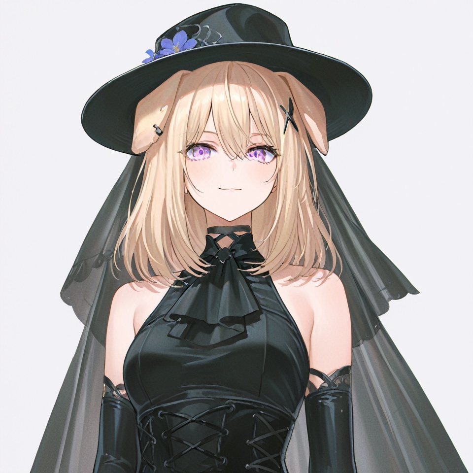 masterpiece, best quality,solo,(white background:1.2),simple background,1girl,looking at viewer,         Misumi Uika,blonde hair bangs,purple eyes,smile,medium hair,hair between eyes,gloves,hat,dress, animal ears, bare shoulders, flower, boots, black gloves,black footwear, black dress, high heels, black headwear,hair ornament,sleeveless,elbow gloves,dog ears,sleeveless dress<lora:舟uika-ill01e:0.8>