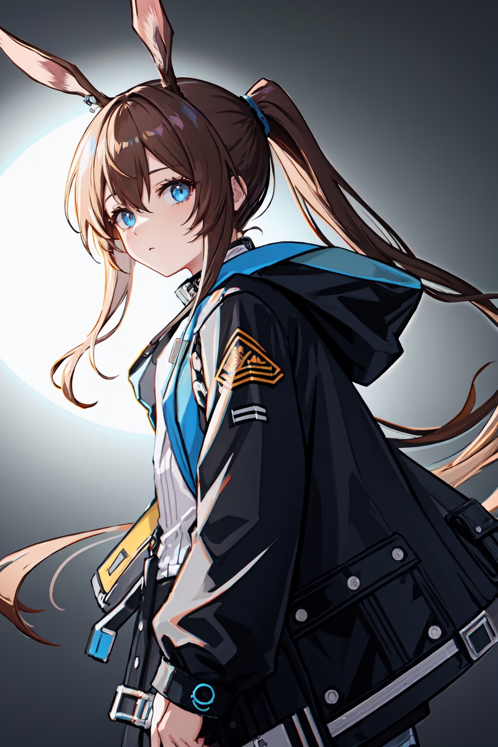 amiya_(arknights),1girl,solo,looking_at_viewer,long_sleeves,black_jacket,open_jacket,sidelocks,ponytail<lora:amiya_(arknights):1>,simple background,white backgroundmasterpiece,best quality, highly detailed, 