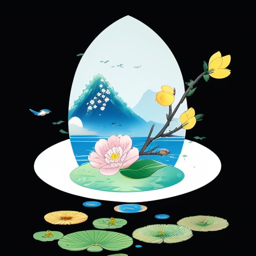 the 24 Traditional Chinese Solar Terms\(Rain Water\),flat,black background,flower,water,petals,no humans,bird,animal,fish,branch,animal focus,<lora:lbc_Rain Water-ts:0.8>,