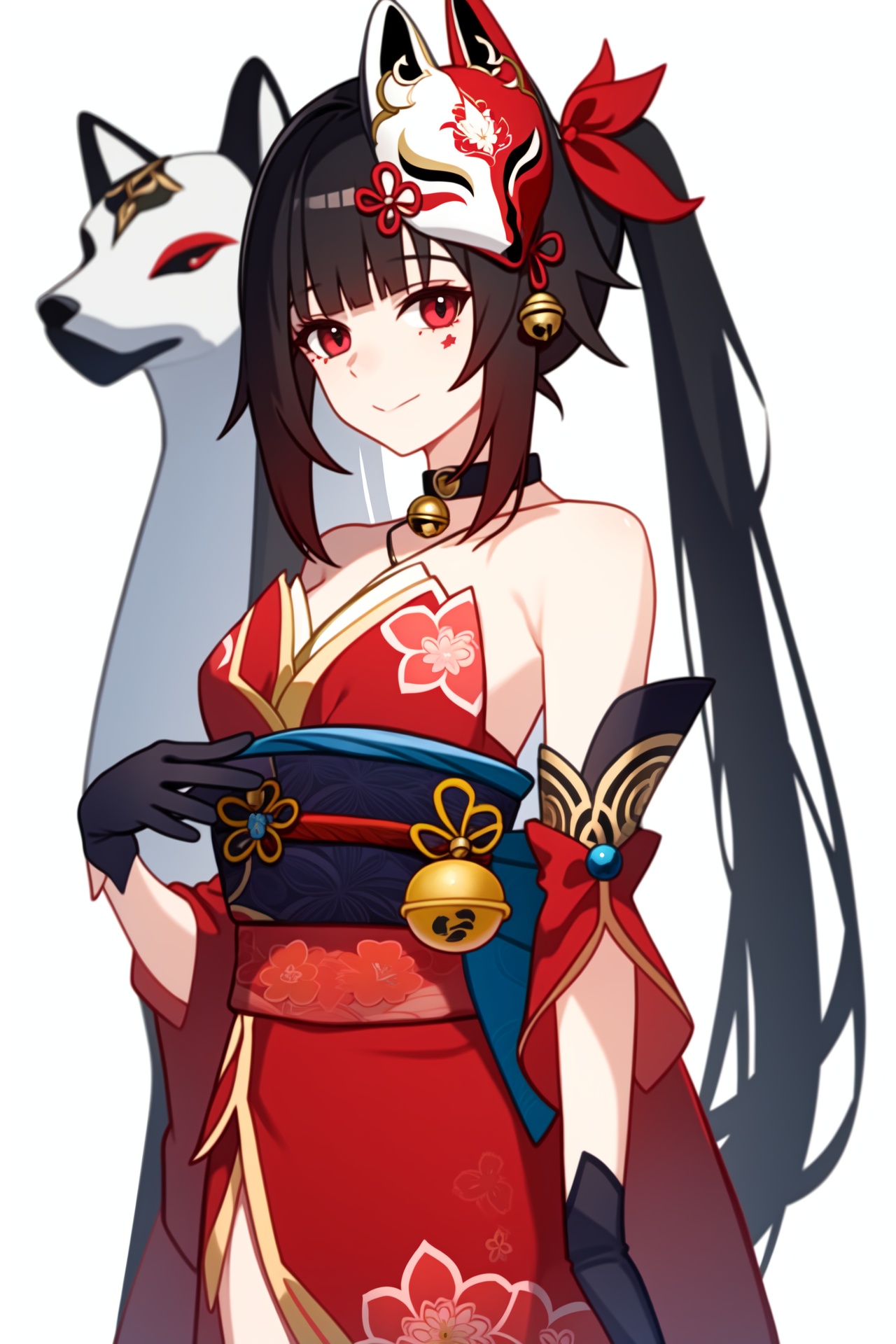 <lora:nai3画风bysdlion-000035:0.8:lbw=paint>,<lora:花火v12:1:lbw=char>,huahuo,1girl,twintails,red kimono,mask on head,black gloves,bare shoulders,detached sleeves,choker,obi,jingle bell,tattoo,, (masterpiece,best quality,high quality:1.4),absurdres,