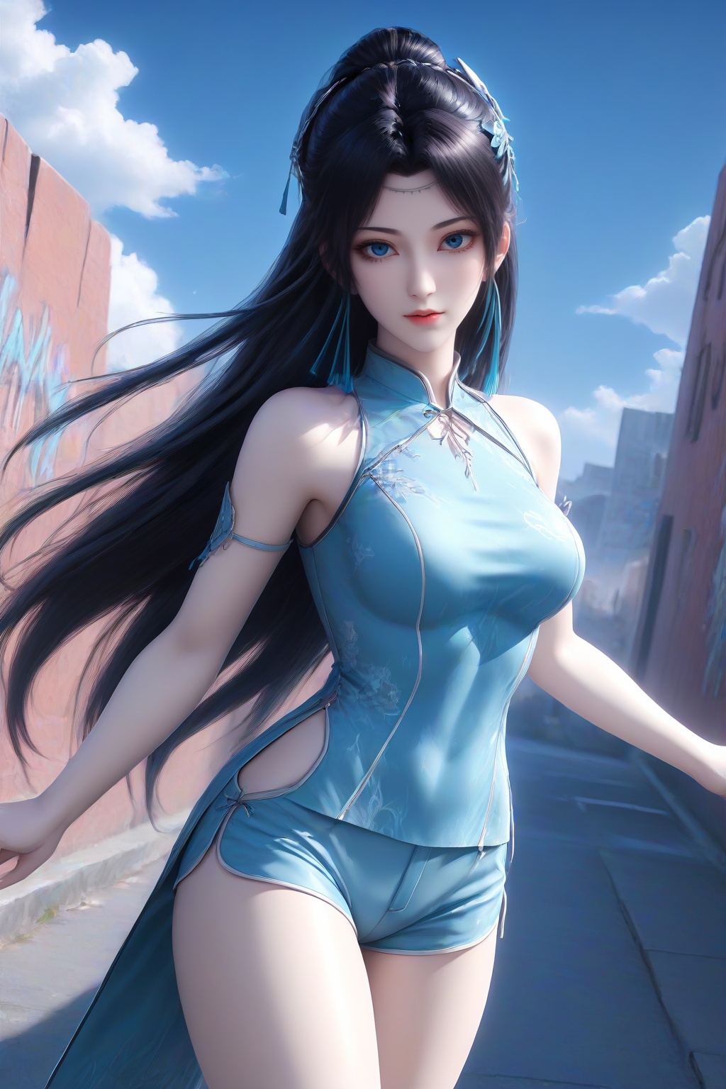 <lora:yunyun_bth_v6-000012:0.7>,yunyun_bth,1girl,solo,long hair,hair ornament,sky,medium breasts,hair bun,blue blue eyes,masterpiece,high quality,highres,absurdres,best quality,8K,high-res detailed,alternate costume,(white costume:1.2),china dress,chinese clothes,(puffy_shorts:1.2),looking at viewer,standing,dynamic pose,stretch,shadow,outdoors,wall,graffiti,sky,blue sky,cloud,street,<lora:DetailedEyes_V3:0.5>,<lora:sh-glossy_r2:0.7>,pantyhose,