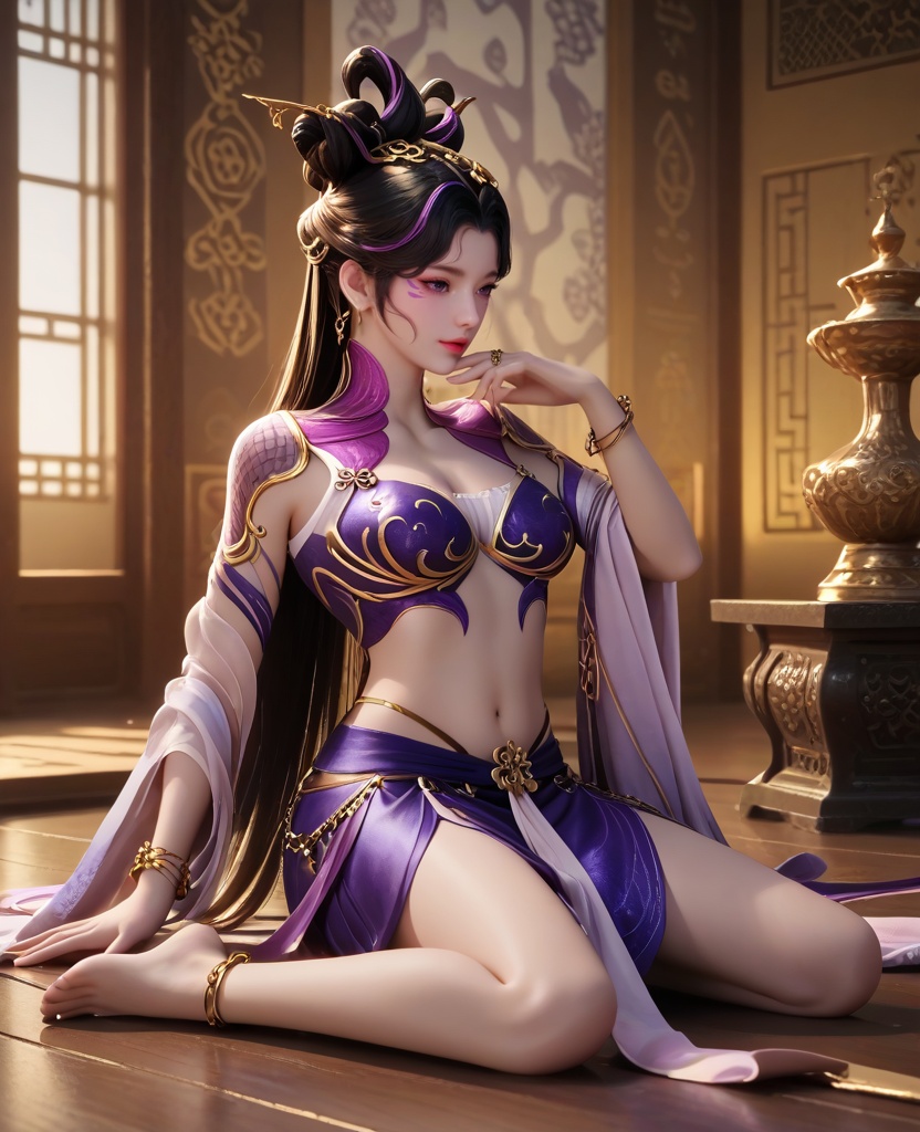 (oriental architecture, elegant decor, sophisticated style:1.1),(Sitting, cross-legged, on the floor, looking away,:1.1),(breasts:1.2),<lora:XL16牧神记付磬允:0.95>,miss fuqingyun,purple belly dance bra,purple tiered high-low skirt with train,purple eyes,facial mark,black hair,streaked hair,looped bun with tresses,very long hair,hair ornament,jewelry,hagoromo,bracelet,, score_9,score_8_up,score_7_up,score_6_up,score_5_up,score_4_up,3d rendering,tag1,tag2, Cinematic Lighting,backlighting,