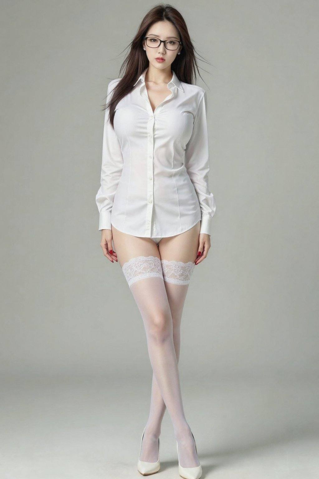 Photograph of an Asian woman with fair skin and long, dark brown hair, wearing glasses, a white button-up shirt, and white lace-top thigh-high stockings. She stands in a neutral, light gray background, slightly leaning to one side with a confident posture. Her shirt is unbuttoned at the bottom, revealing her bare thighs and white high-heeled shoes. She has red-painted nails and small, silver stud earrings. The image focuses on her upper body and legs, emphasizing her slender physique and smooth skin. The overall style is minimalistic and modern, with a soft, natural light highlighting her features.