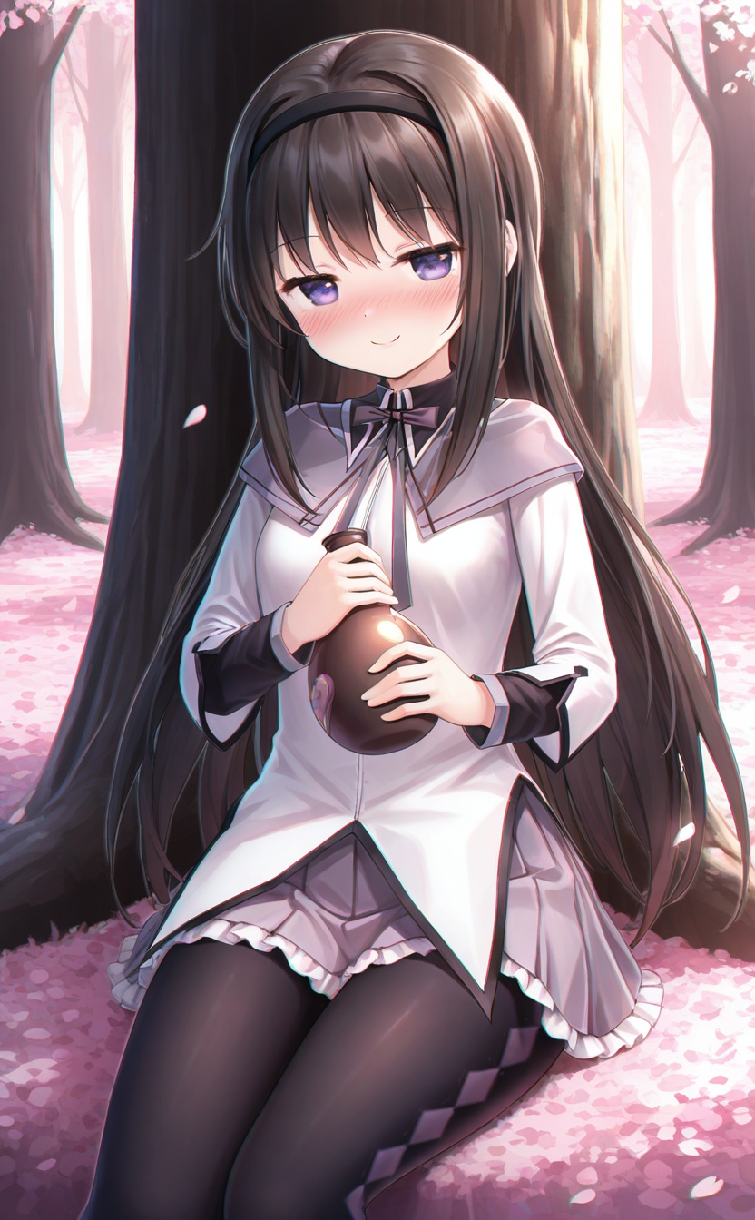 <lora:guizhencao-style:0.4>,<lora:normal-akemi-homura:0.8>,guizhencao style, normal akemi homura, absurdres, best quality, chromatic_aberration, high quality, masterpiece, forest, nature, outdoors, 1girl, solo, magical girl, sidelocks, black hair, long hair, purple eyes, hairband, blush, closed mouth, drunk, looking at viewer, nose blush, smile, holding, sitting, black pantyhose, pantyhose, skirt, gourd, petals, tree